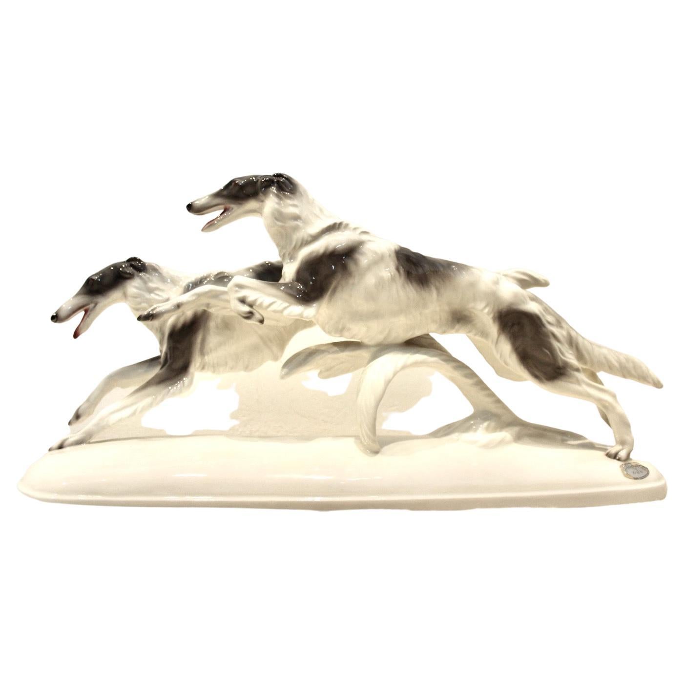 Stunning Goldscheider Vienna Art Deco Ceramic Barzoi Sculpture, signed For Sale