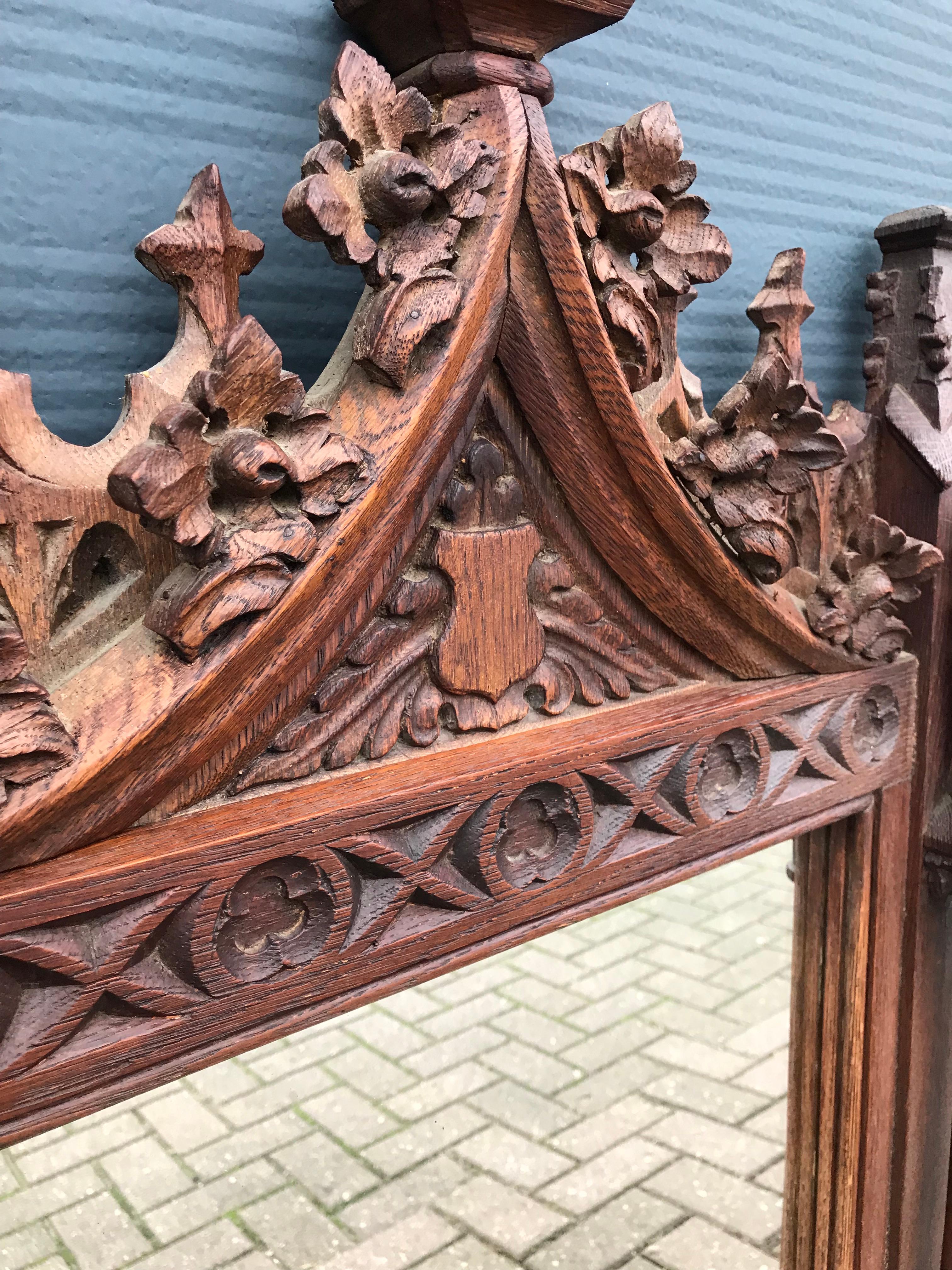 Stunning & Good Size 19th Century Hand Carved Oakwood Gothic Revival Wall Mirror 1