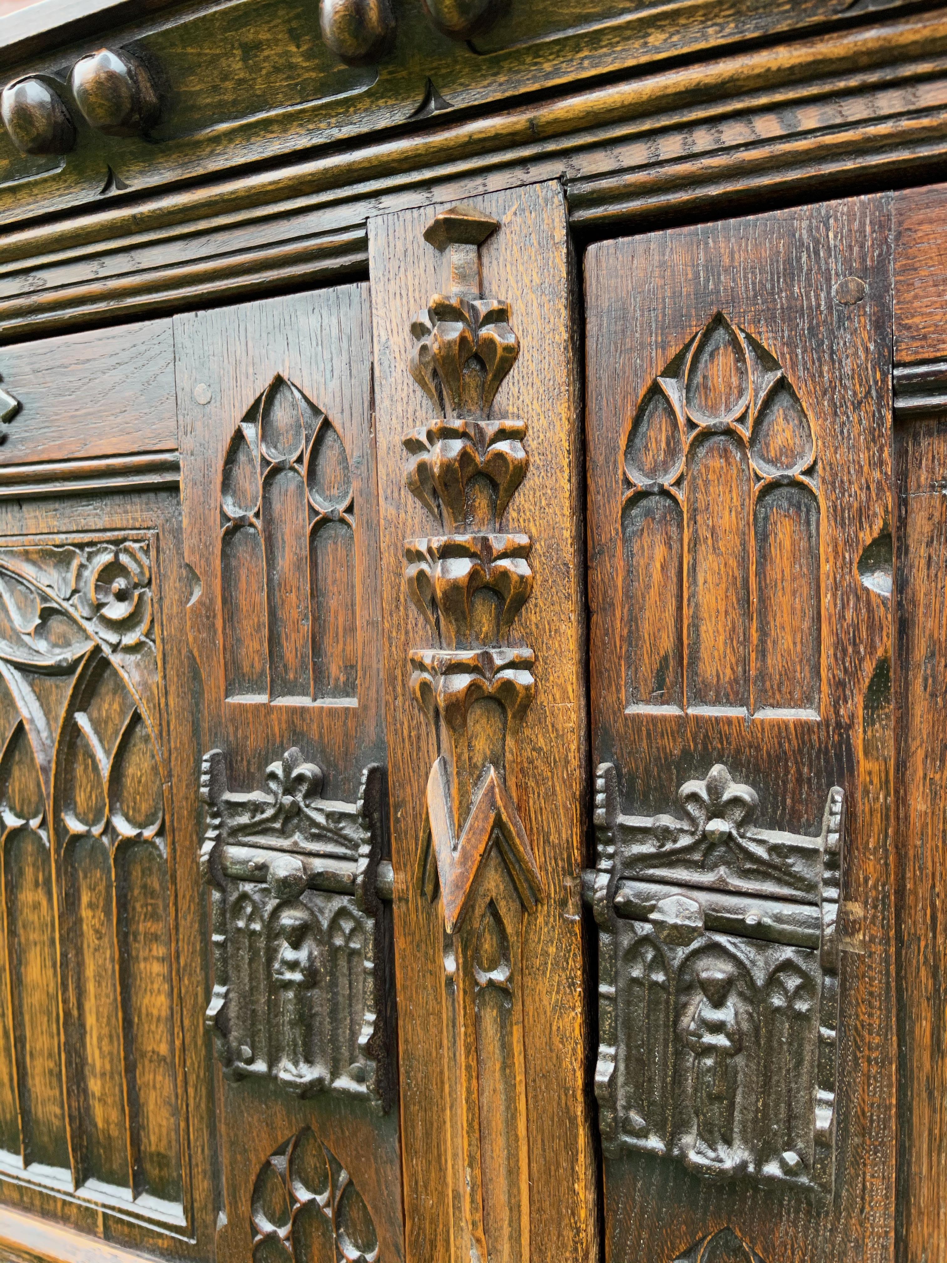 European Stunning Gothic Revival Cabinet / Credenza with Hand Carved Church Windows