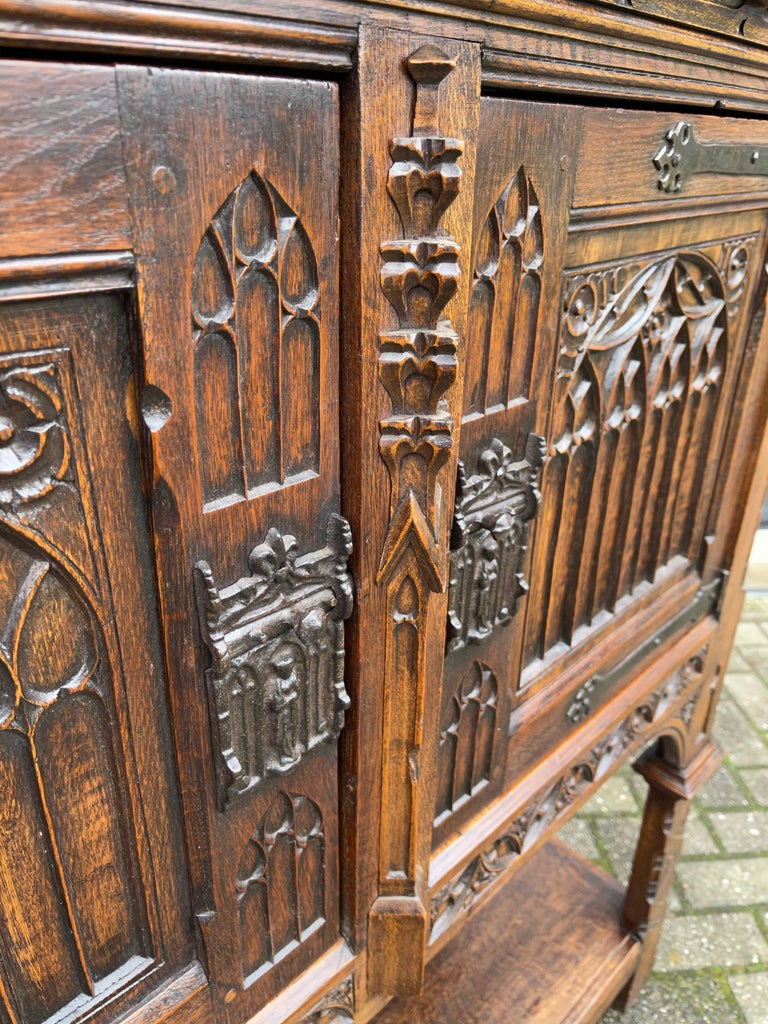 Stunning Gothic Revival / Credenza with Hand Carved Church Windows For Sale at 1stDibs
