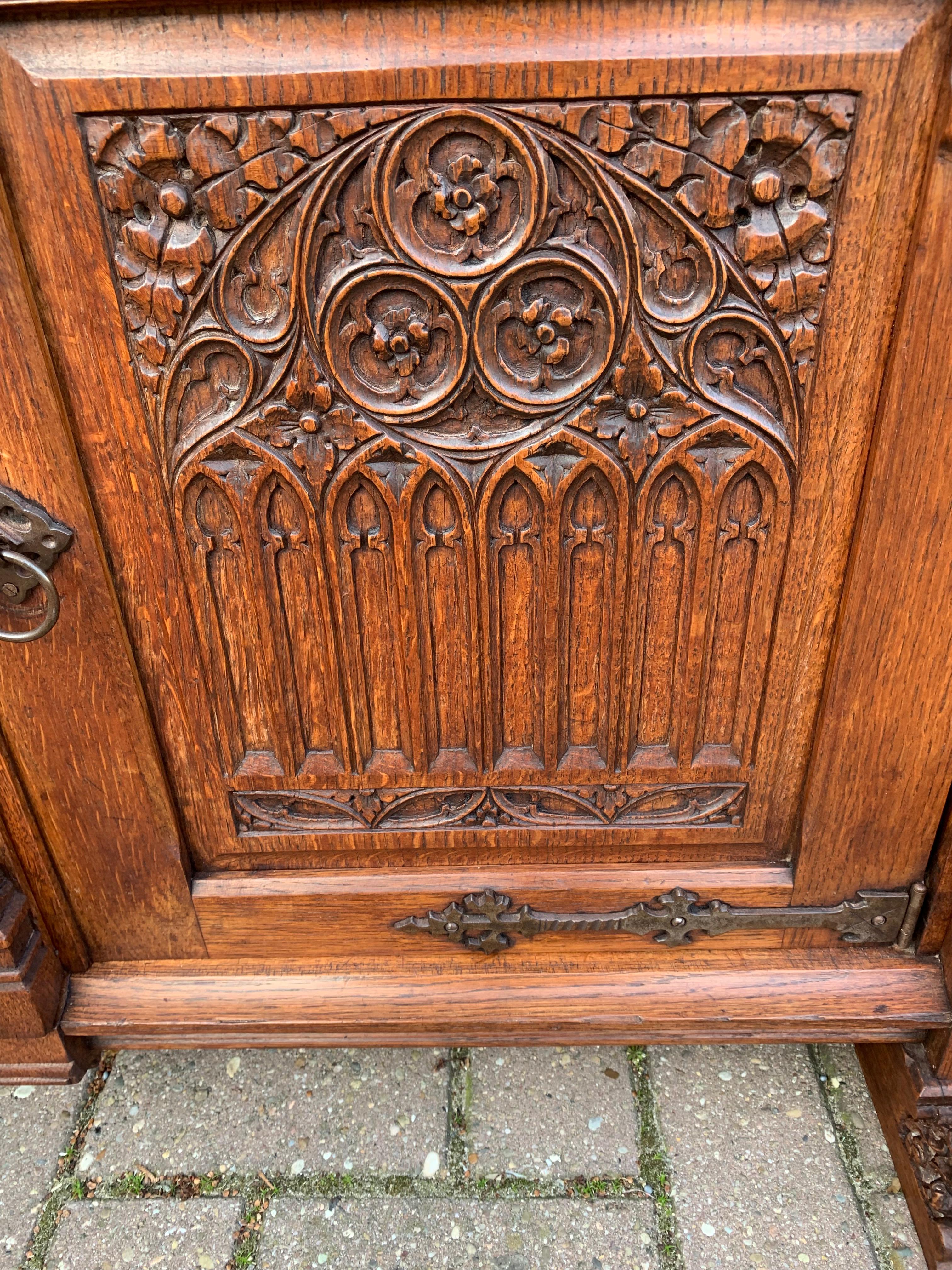 Stunning Gothic Revival Cabinet / Small Credenza with Hand Carved Church Windows 6