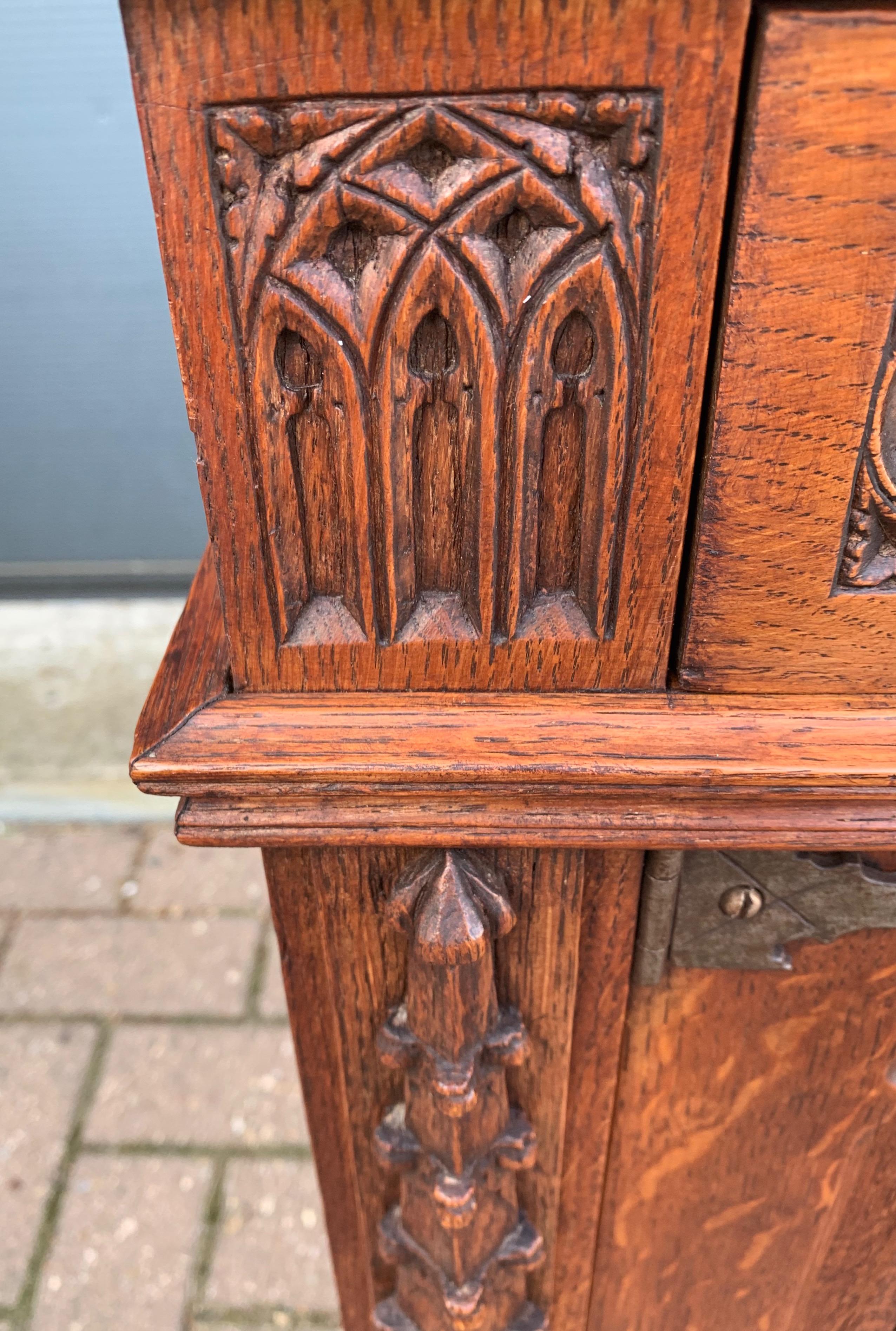 Stunning Gothic Revival Cabinet / Small Credenza with Hand Carved Church Windows 9