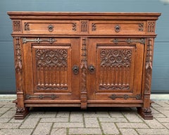 Stunning Gothic Revival Cabinet / Small Credenza with Hand Carved Church Windows