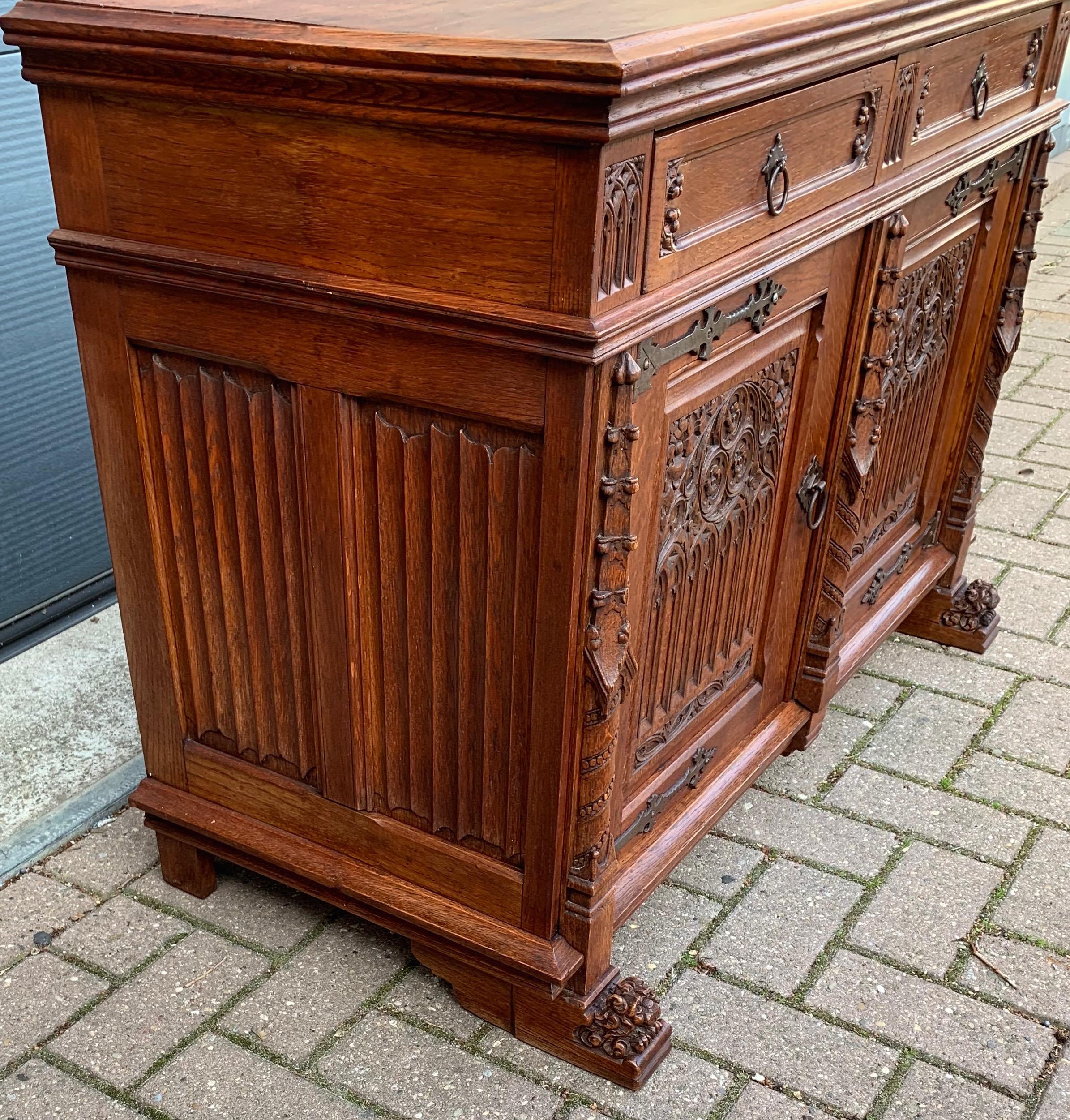 Hand-Carved Stunning Gothic Revival Cabinet / Small Credenza with Hand Carved Church Windows