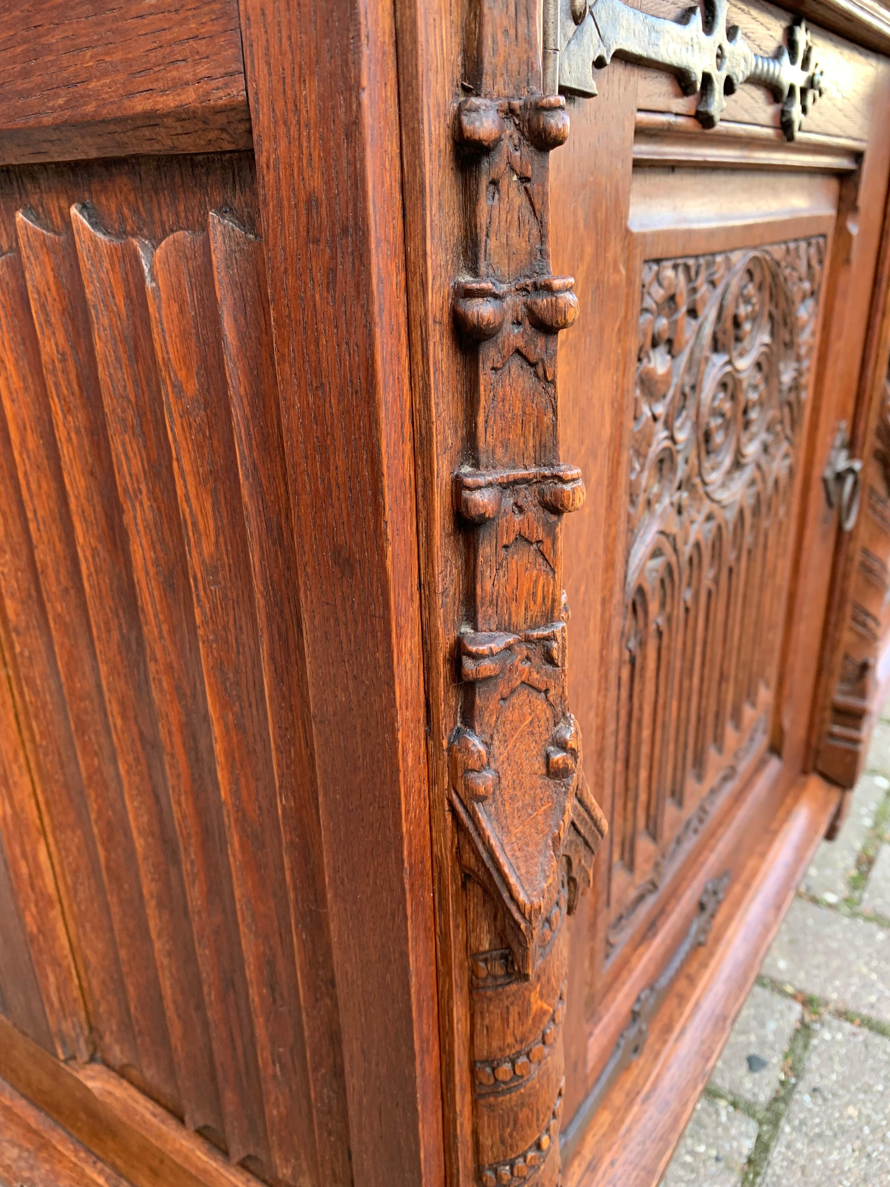 Wrought Iron Stunning Gothic Revival Cabinet / Small Credenza with Hand Carved Church Windows