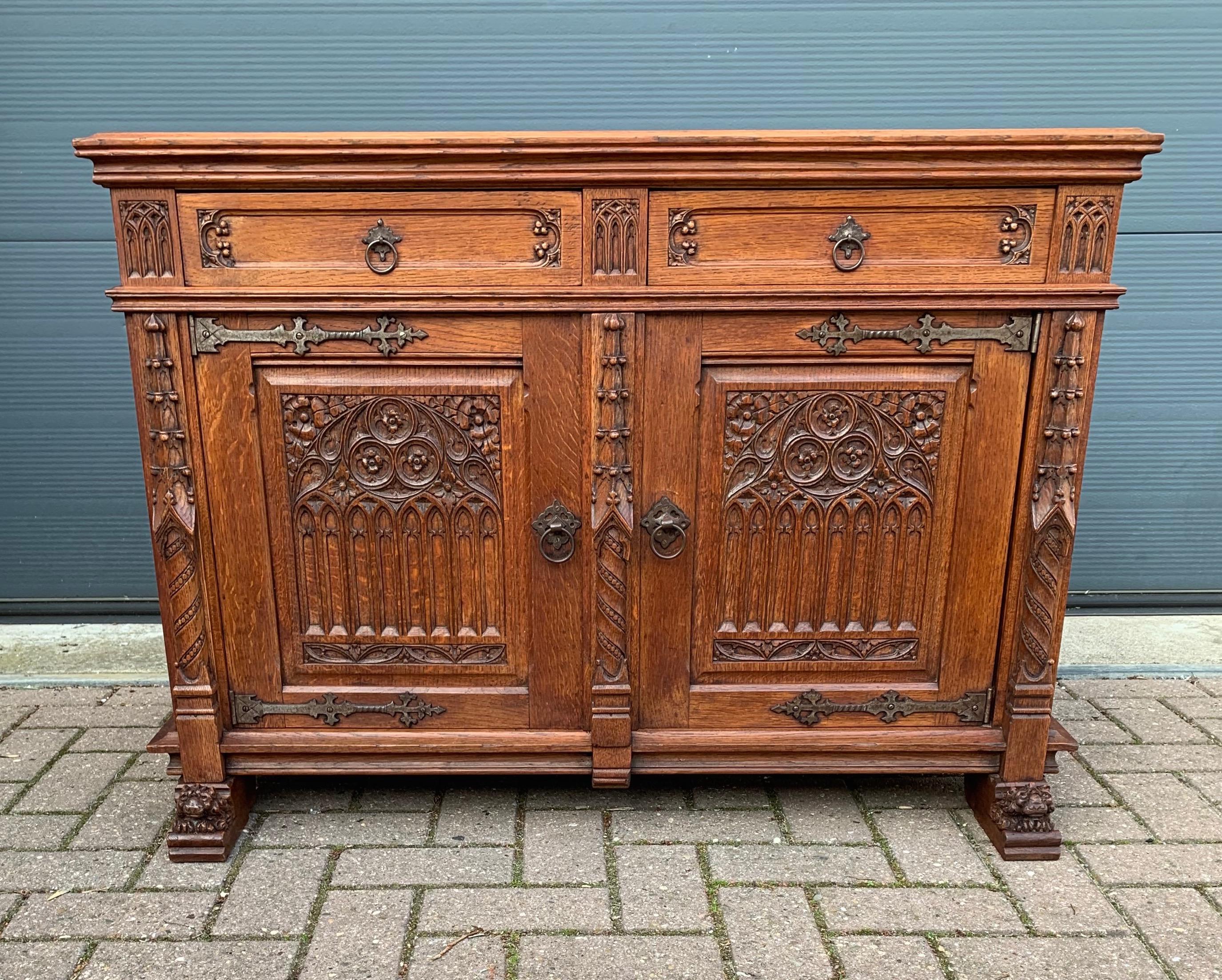 Stunning Gothic Revival Cabinet / Small Credenza with Hand Carved Church Windows 2