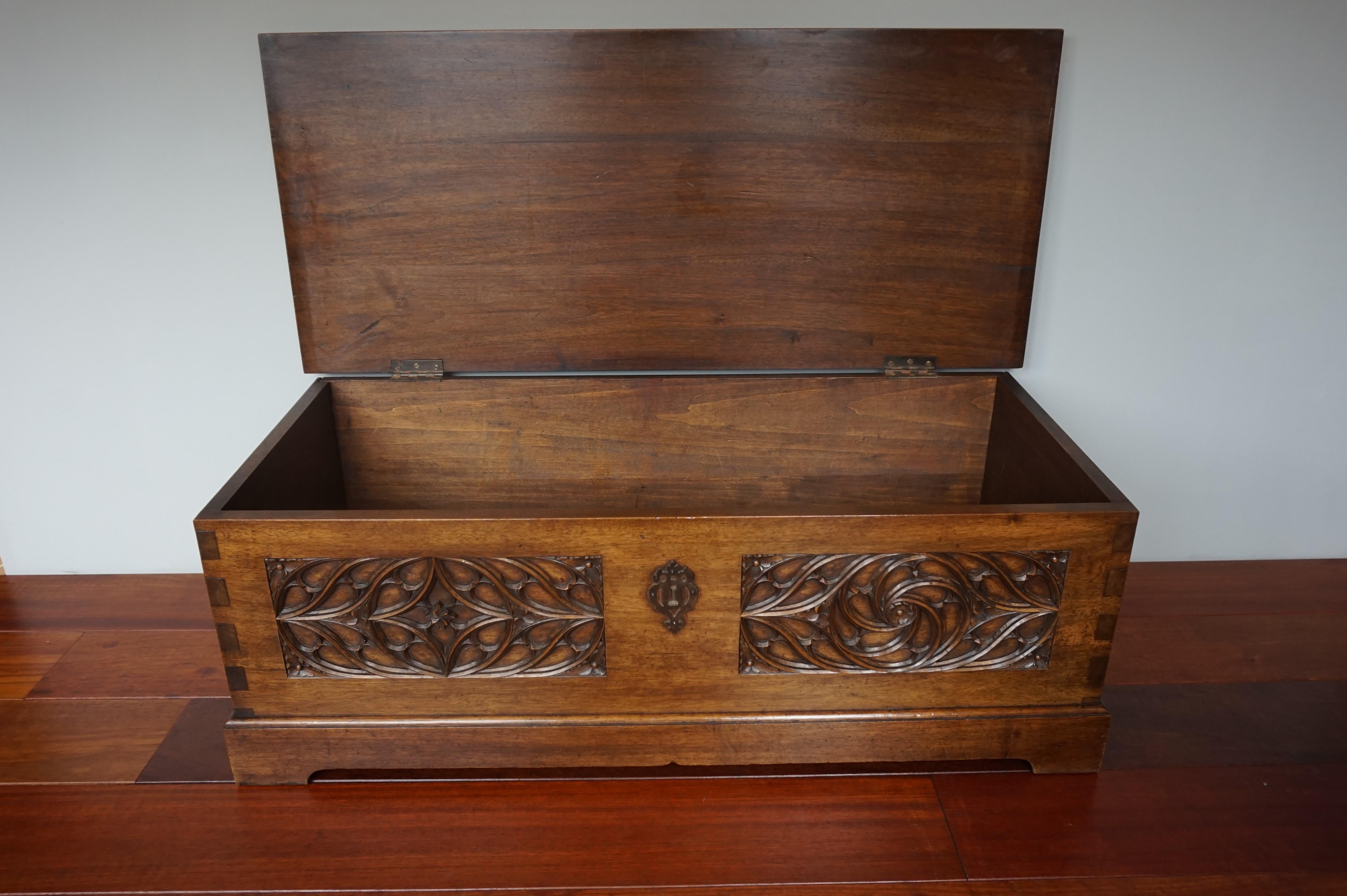 European Stunning Gothic Revival Hand Carved Walnut Blanket Chest / Trunk w. Warm Patina