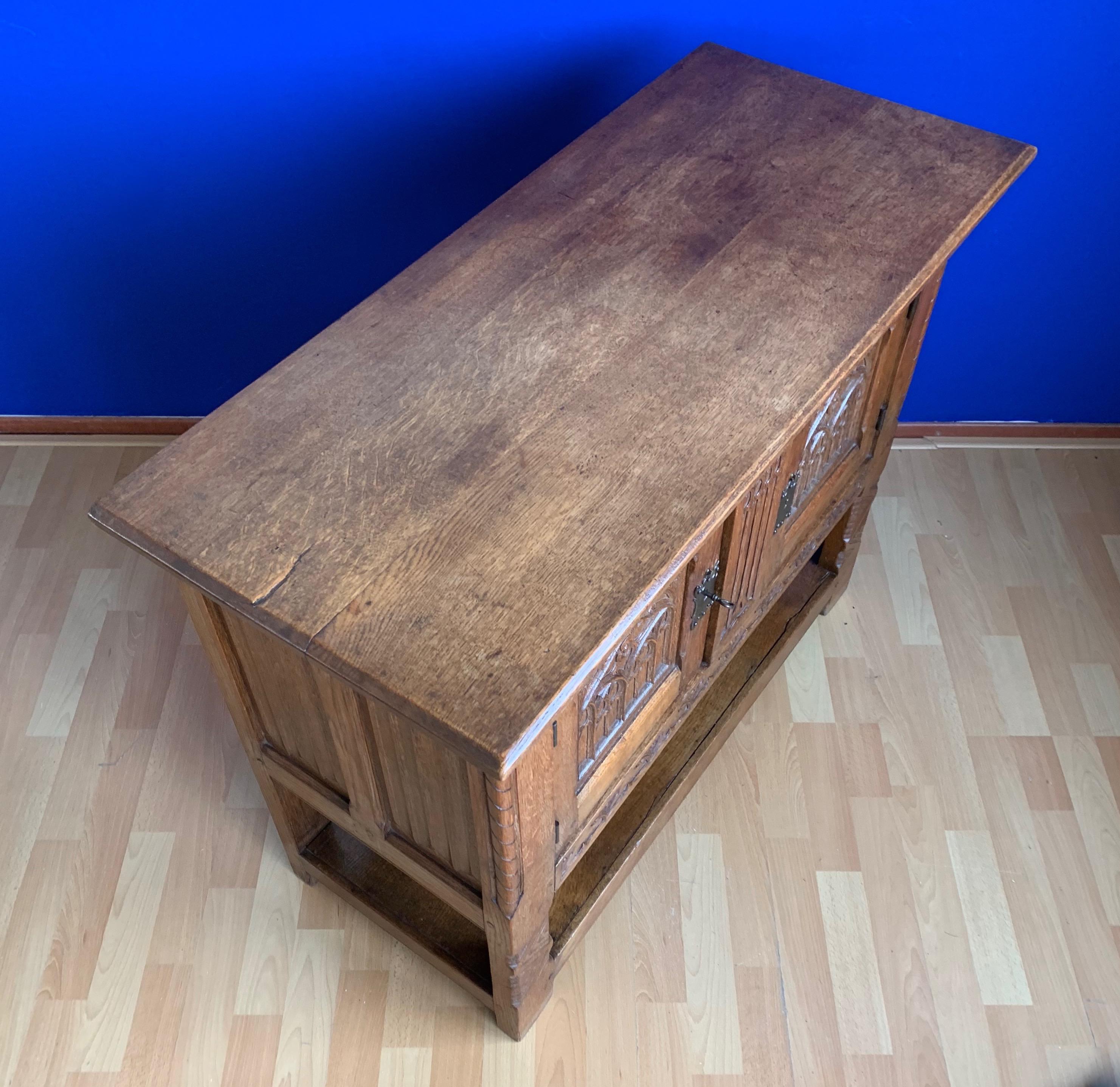 Wrought Iron Stunning Gothic Revival Sideboard/Small Credenza with Hand Carved Church Windows