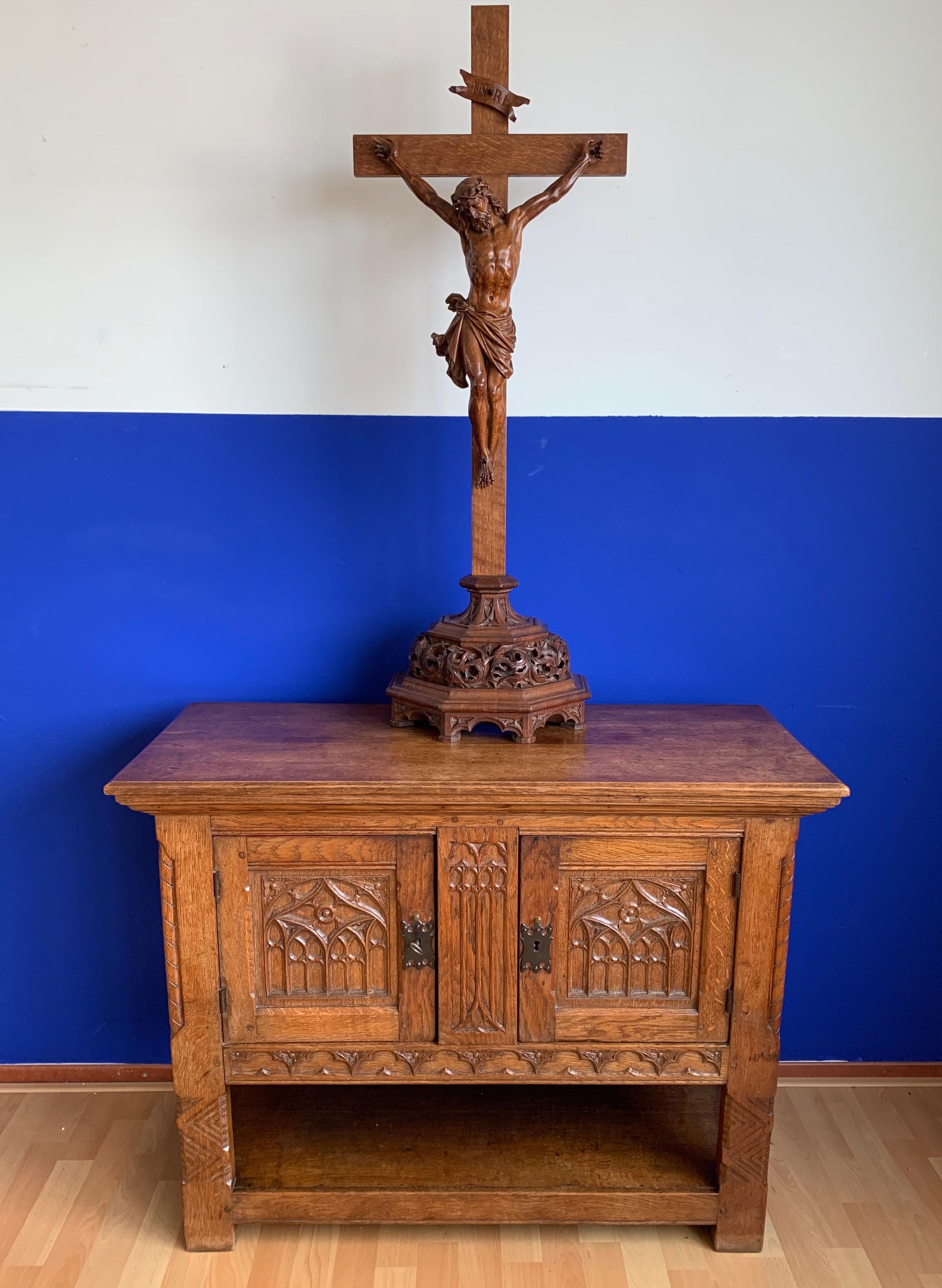 Stunning Gothic Revival Sideboard/Small Credenza with Hand Carved Church Windows 1