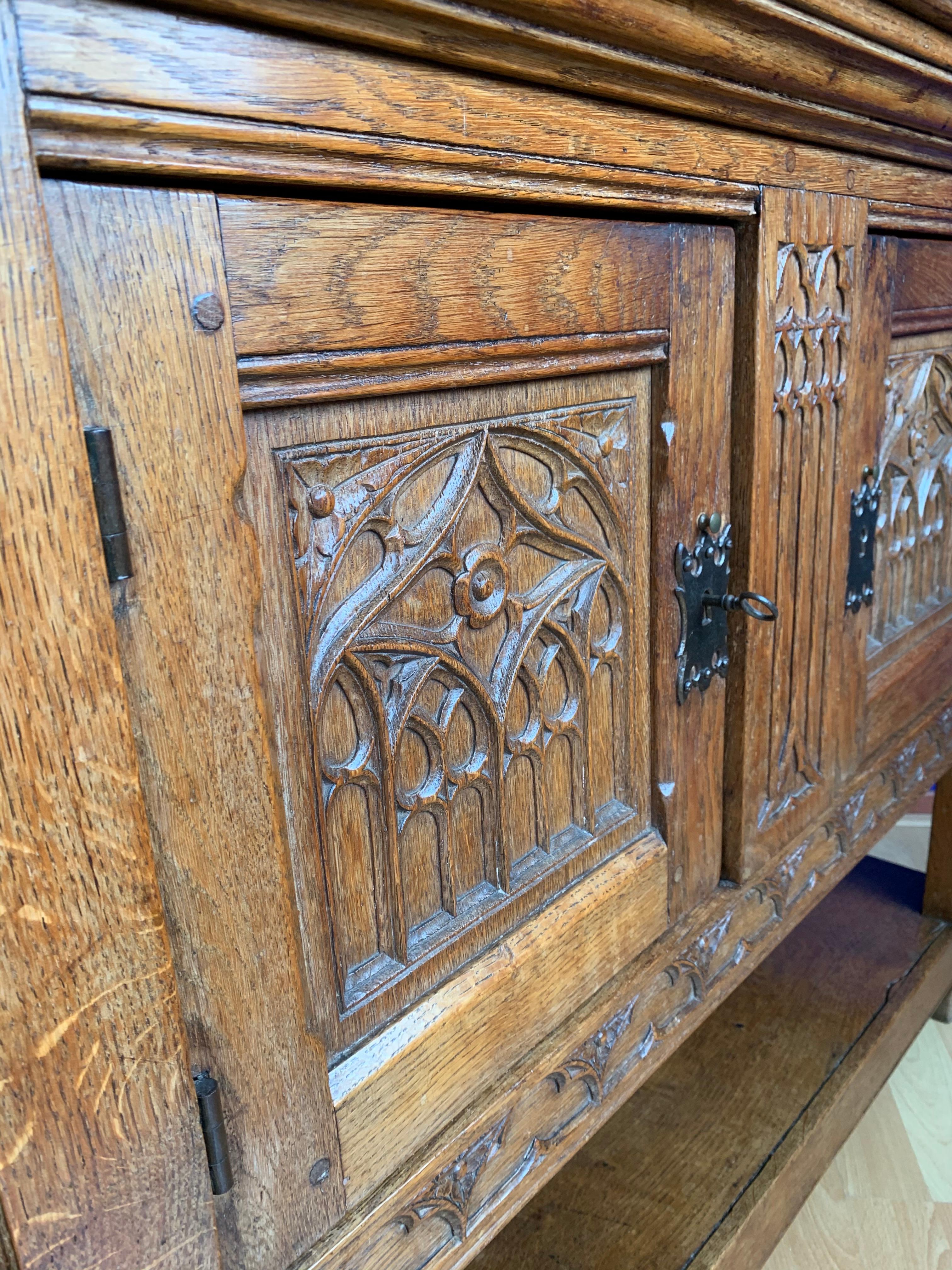 Stunning Gothic Revival Sideboard/Small Credenza with Hand Carved Church Windows 5