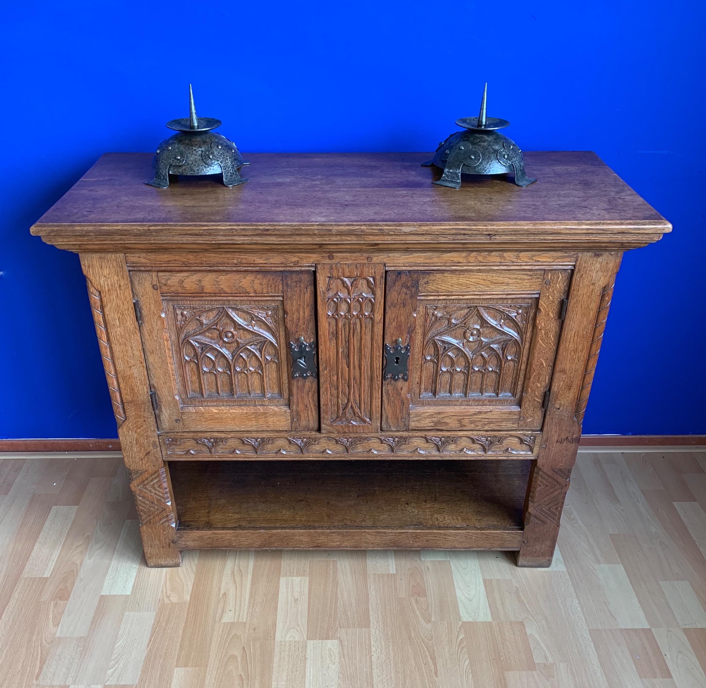 Stunning Gothic Revival Sideboard/Small Credenza with Hand Carved Church Windows 6