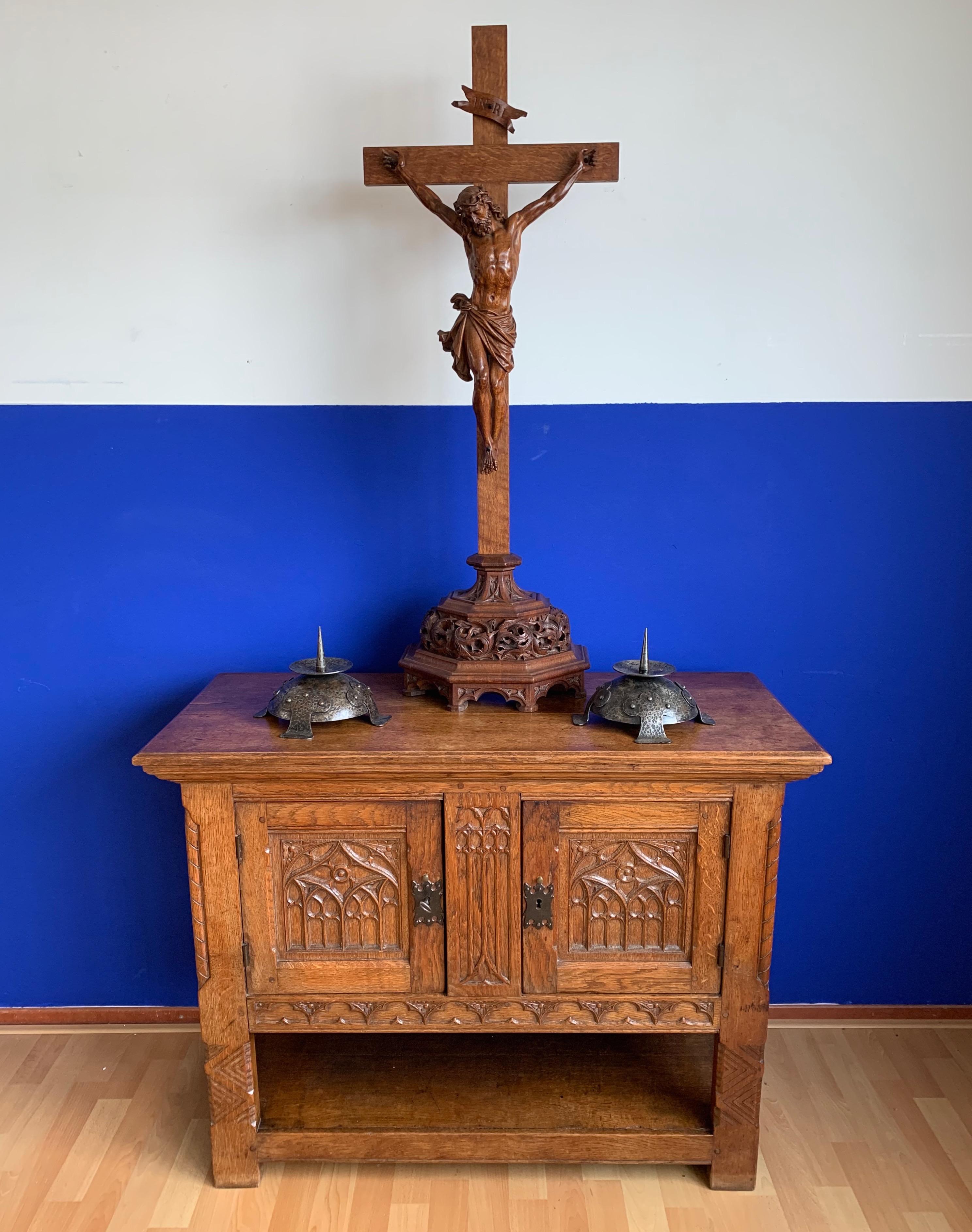 Stunning Gothic Revival Sideboard/Small Credenza with Hand Carved Church Windows 7