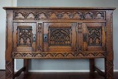 Stunning Gothic Revival Sideboard / Small Credenza w. Hand Carved Church Windows
