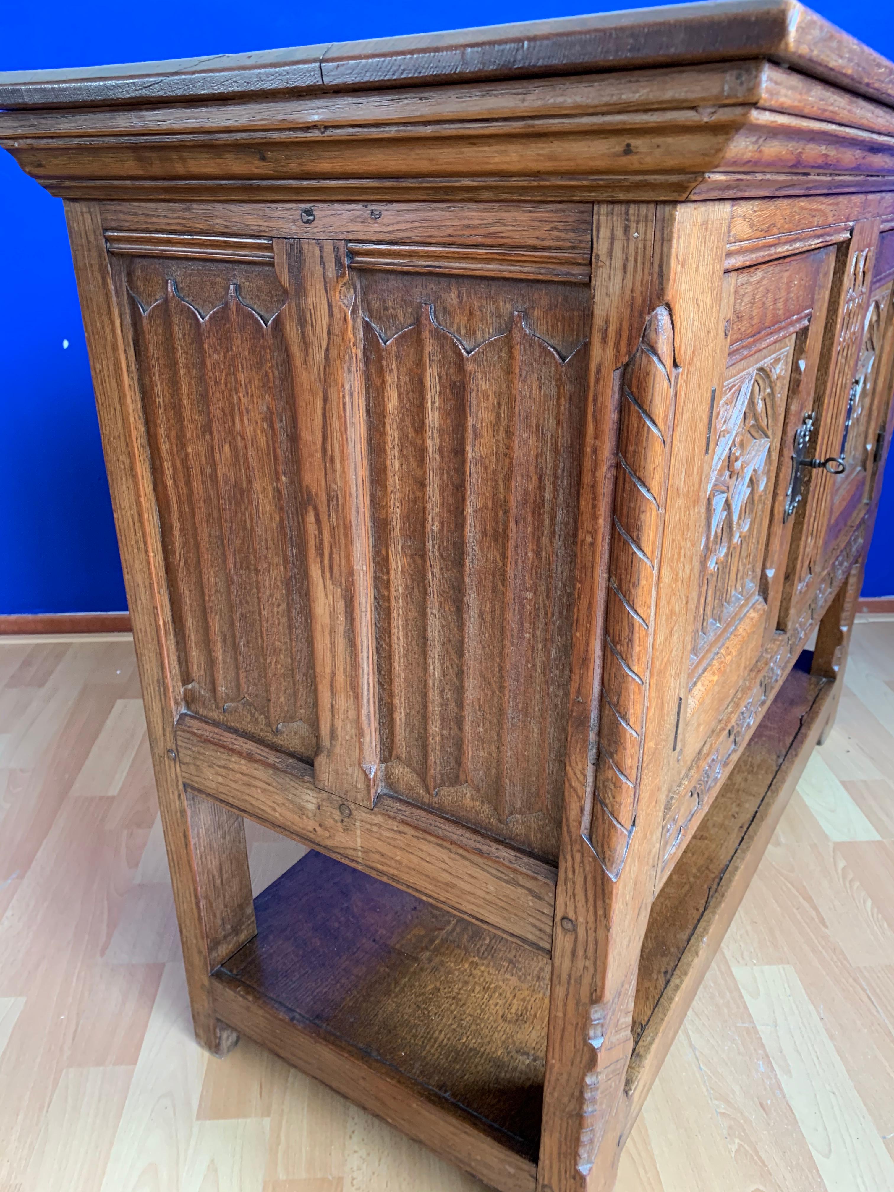 Dutch Stunning Gothic Revival Sideboard/Small Credenza with Hand Carved Church Windows