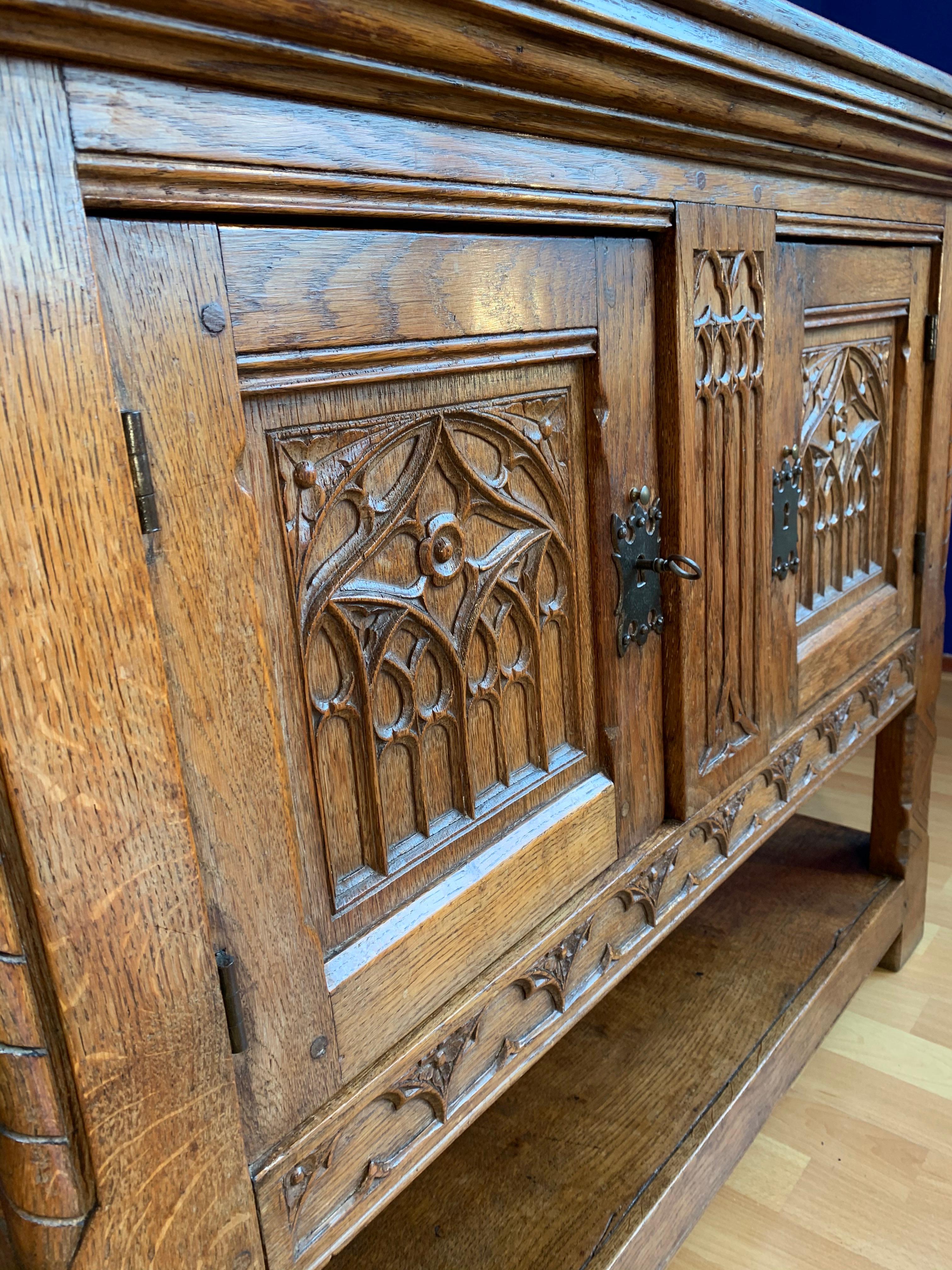Forged Stunning Gothic Revival Sideboard/Small Credenza with Hand Carved Church Windows