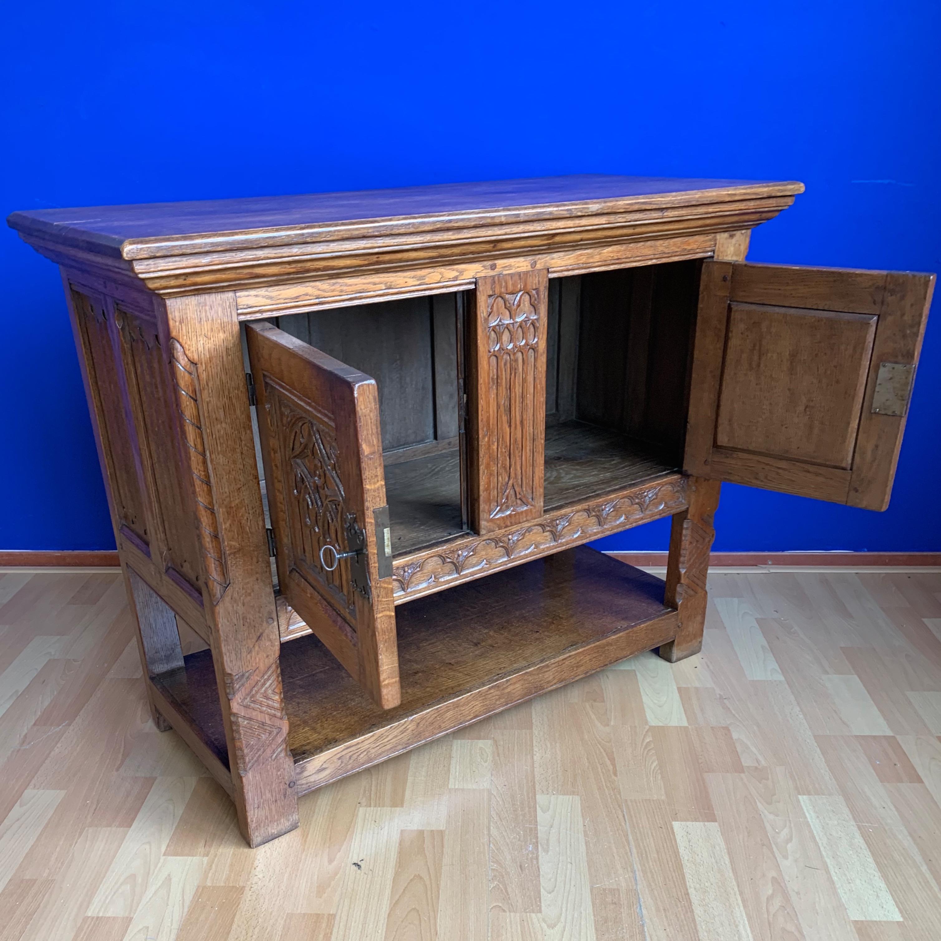 20th Century Stunning Gothic Revival Sideboard/Small Credenza with Hand Carved Church Windows