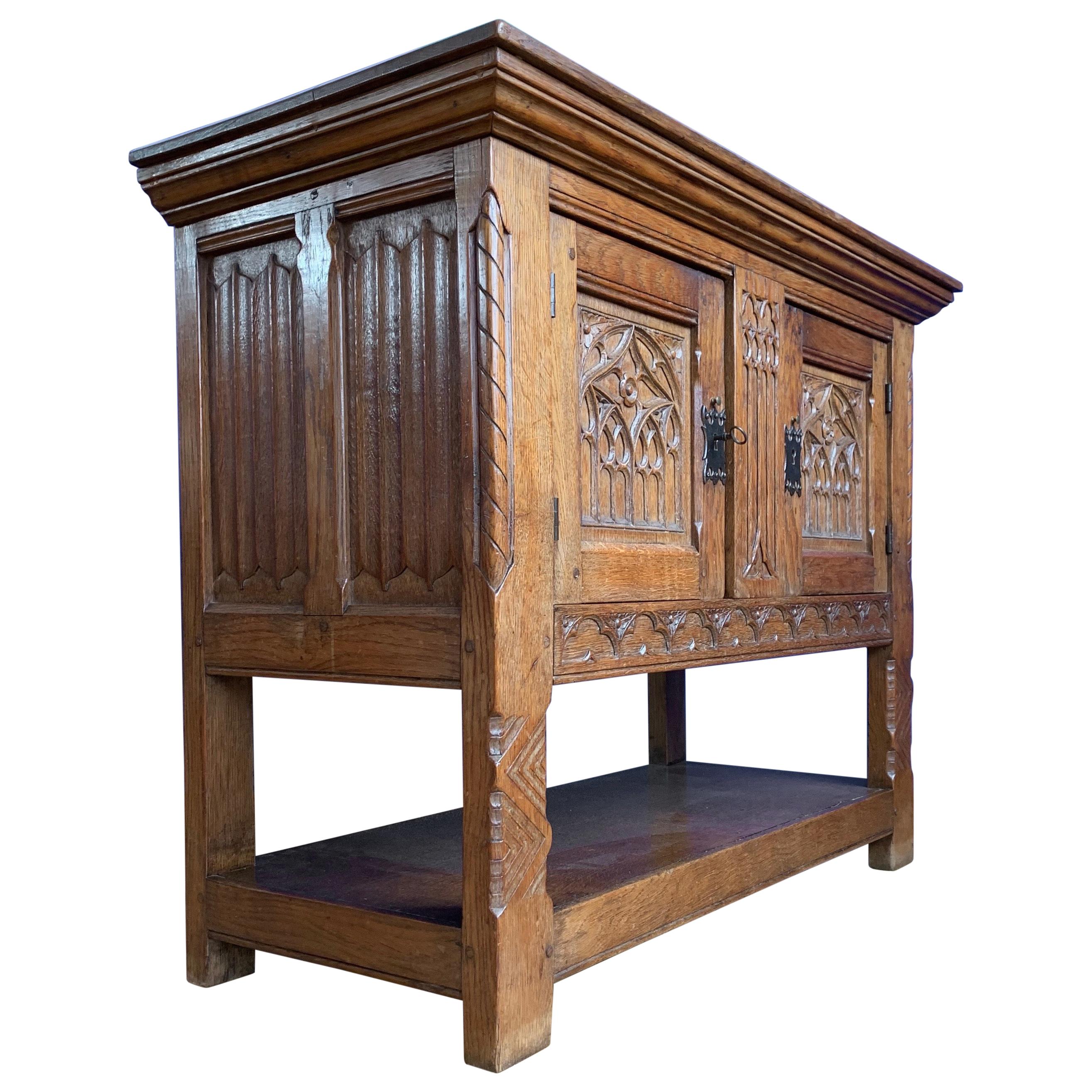 Stunning Gothic Revival Sideboard/Small Credenza with Hand Carved Church Windows