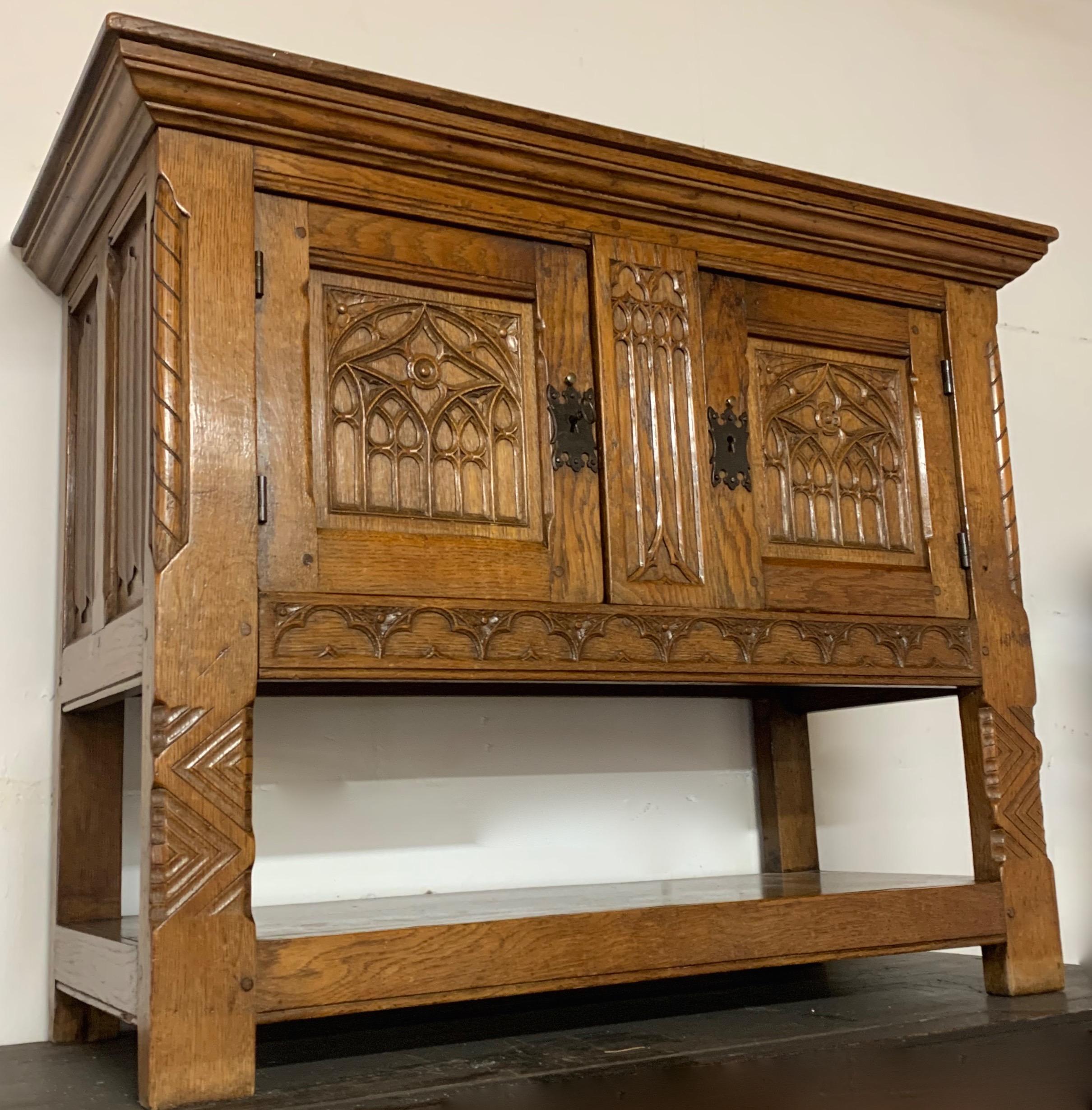 Stunning Gothic Revival Sideboard/Small Credenza with Hand Carved Church Windows 8