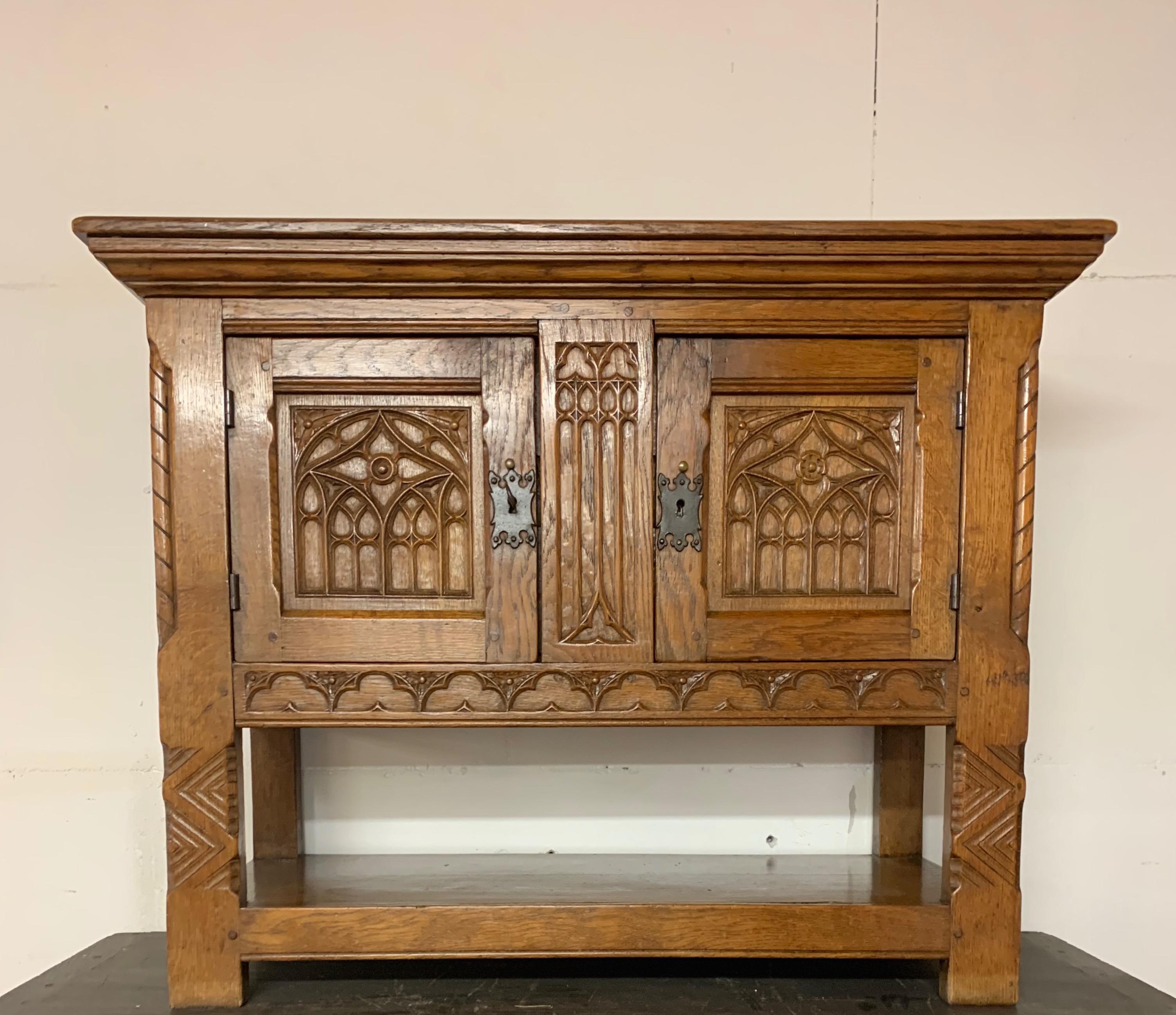 Stunning Gothic Revival Sideboard/Small Credenza with Hand Carved Church Windows 9