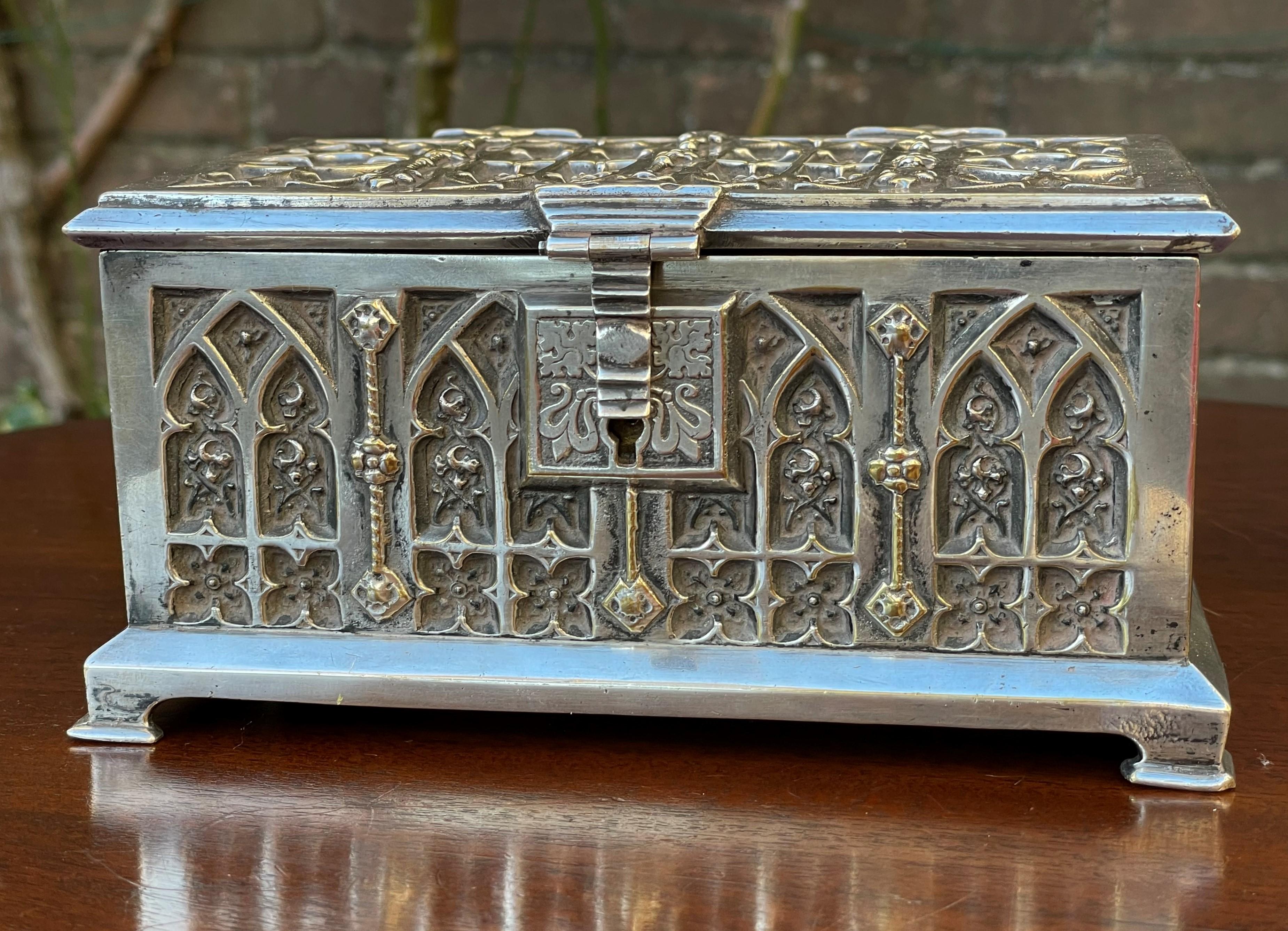 Stunning Gothic Revival Silvered Bronze Jewelry Box with Church Window Panels 3