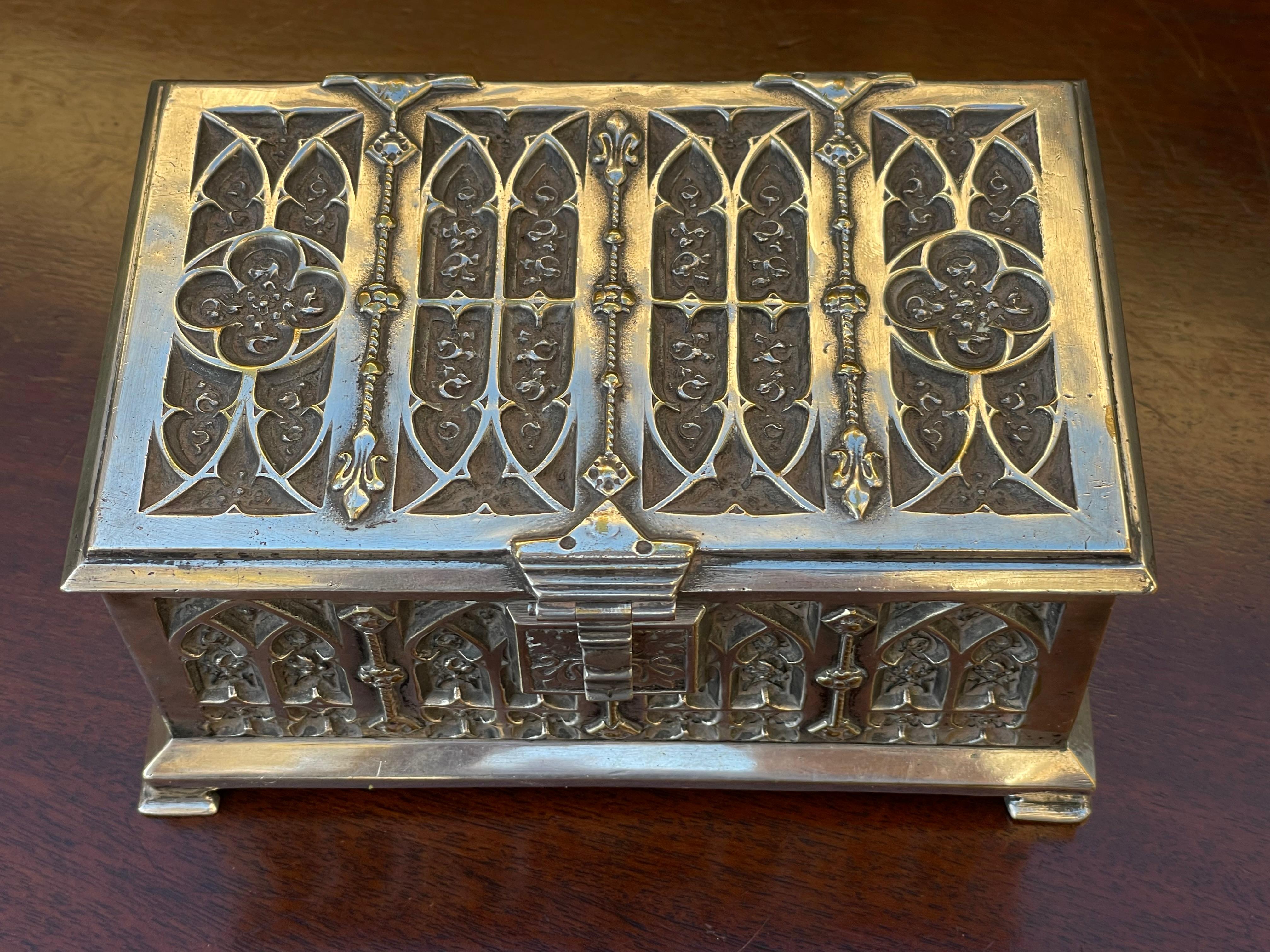 Stunning Gothic Revival Silvered Bronze Jewelry Box with Church Window Panels 4
