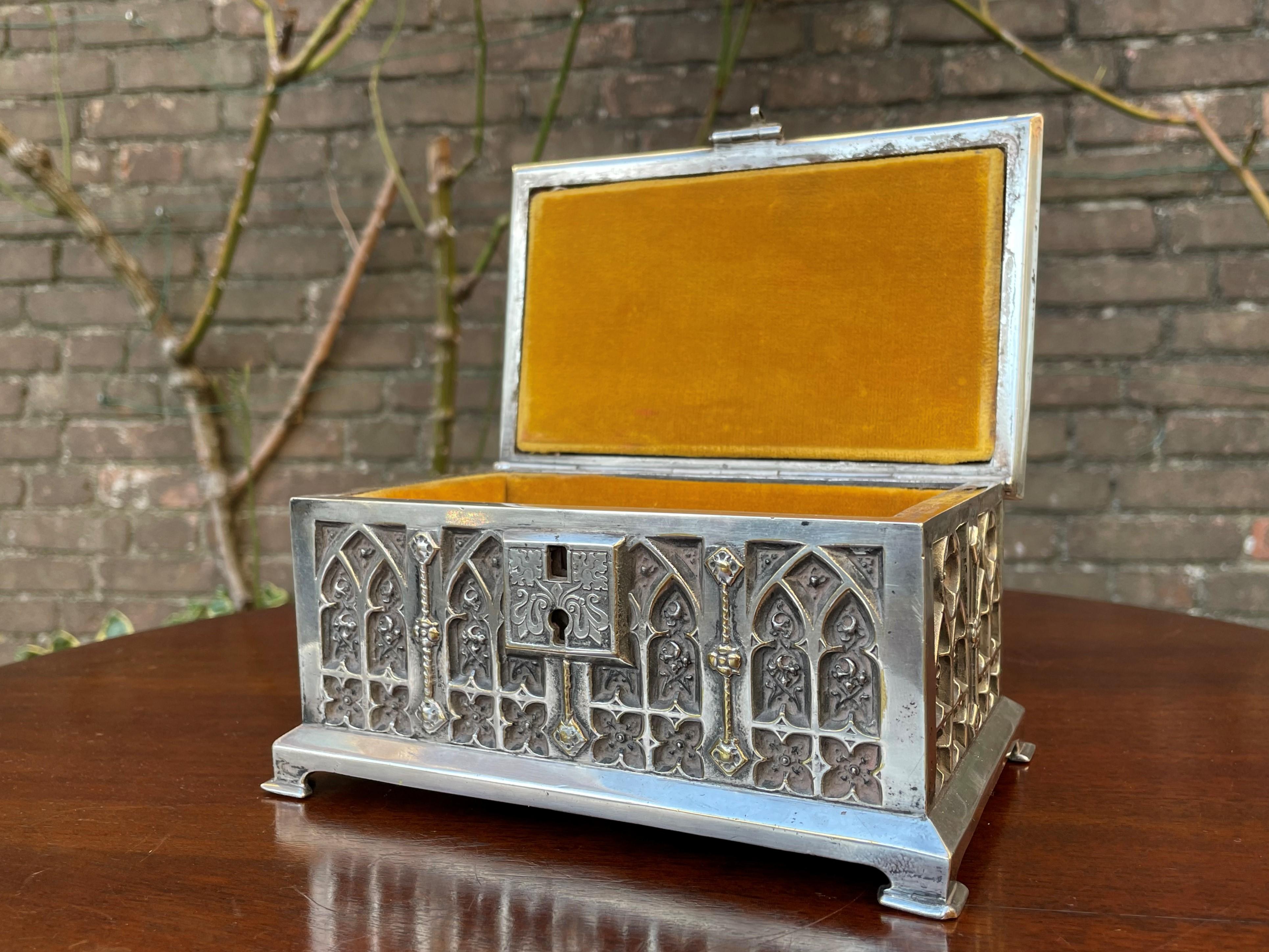 Stunning Gothic Revival Silvered Bronze Jewelry Box with Church Window Panels 6