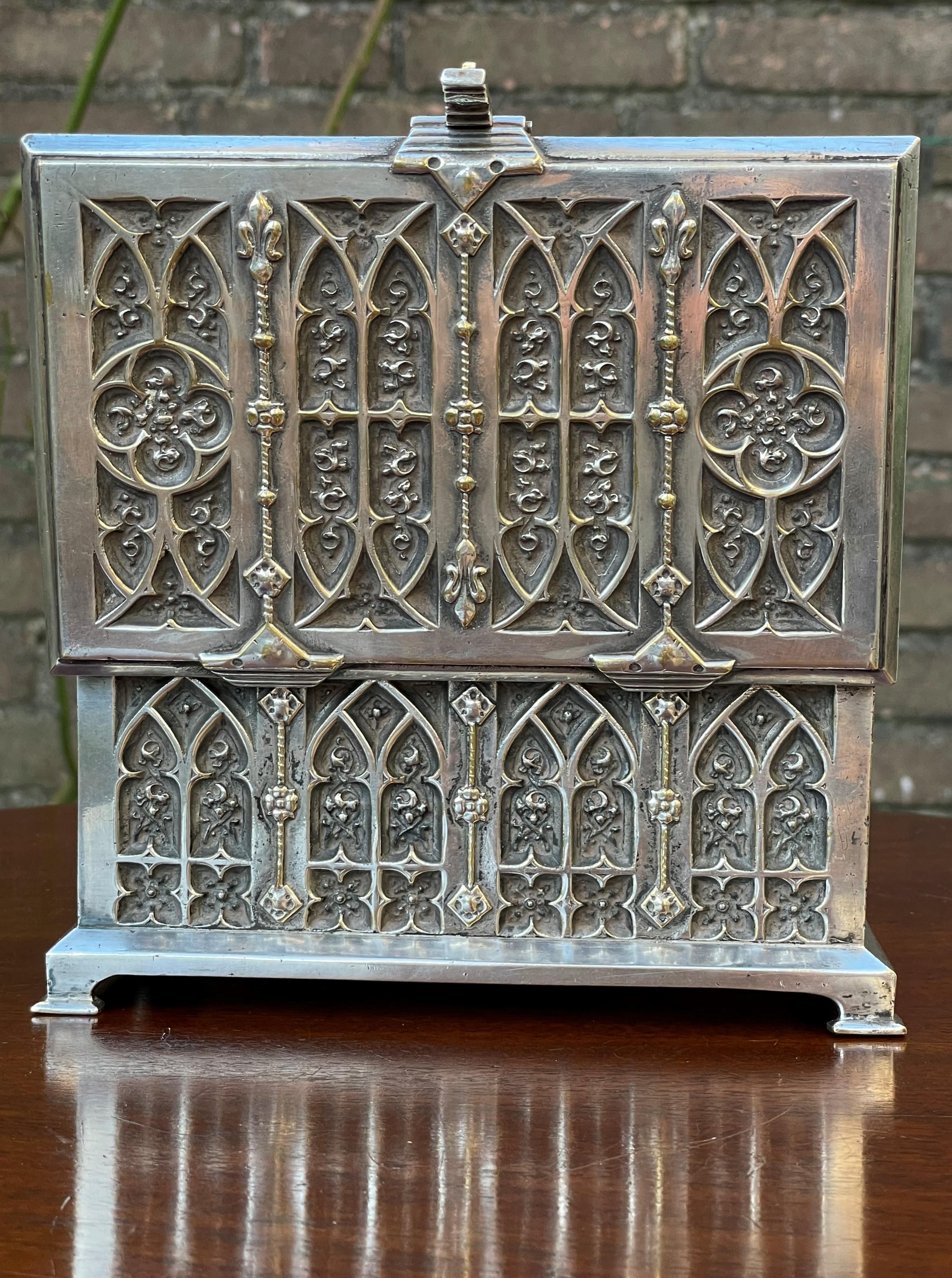 Stunning Gothic Revival Silvered Bronze Jewelry Box with Church Window Panels 7