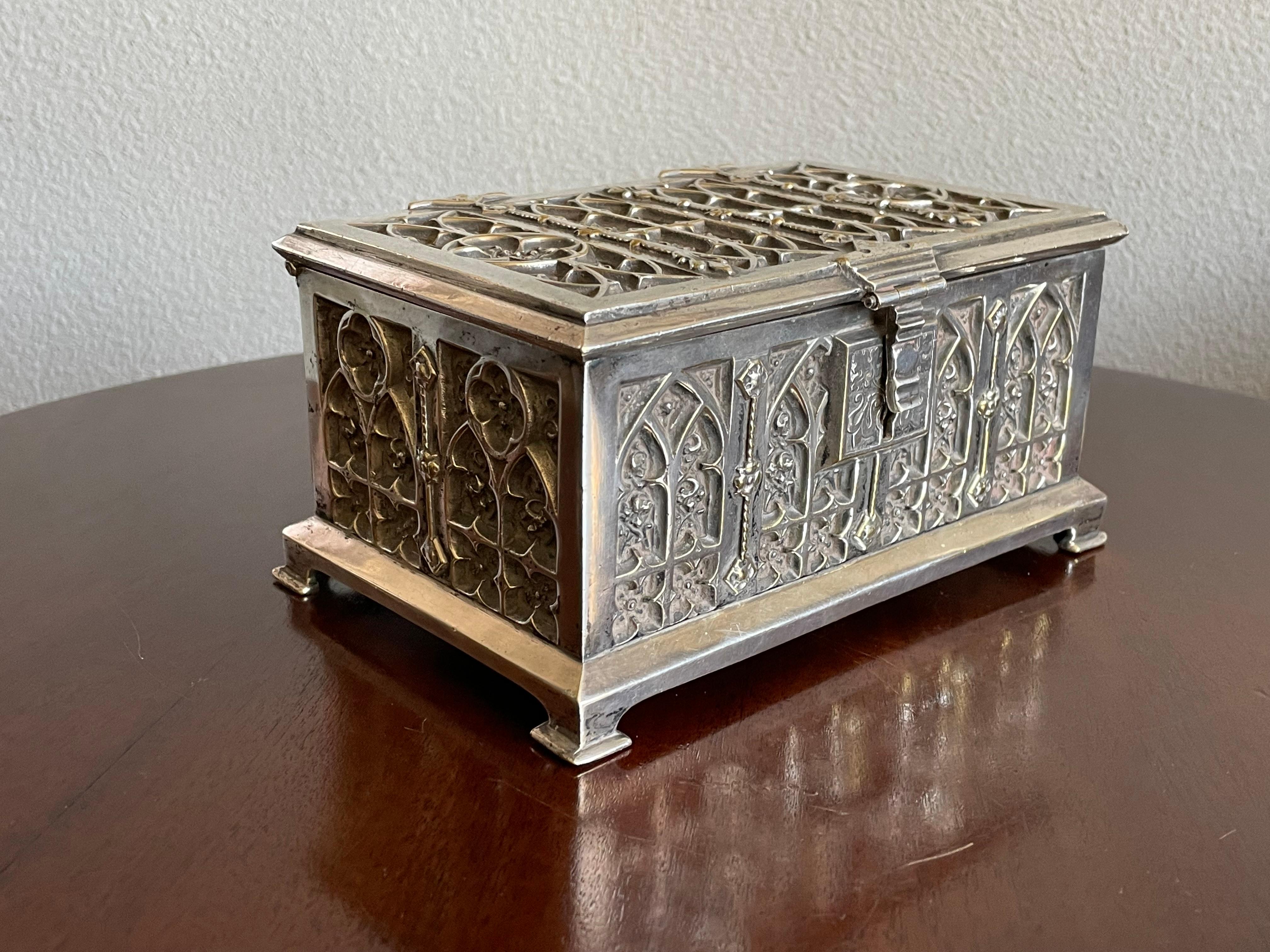 Stunning Gothic Revival Silvered Bronze Jewelry Box with Church Window Panels 9
