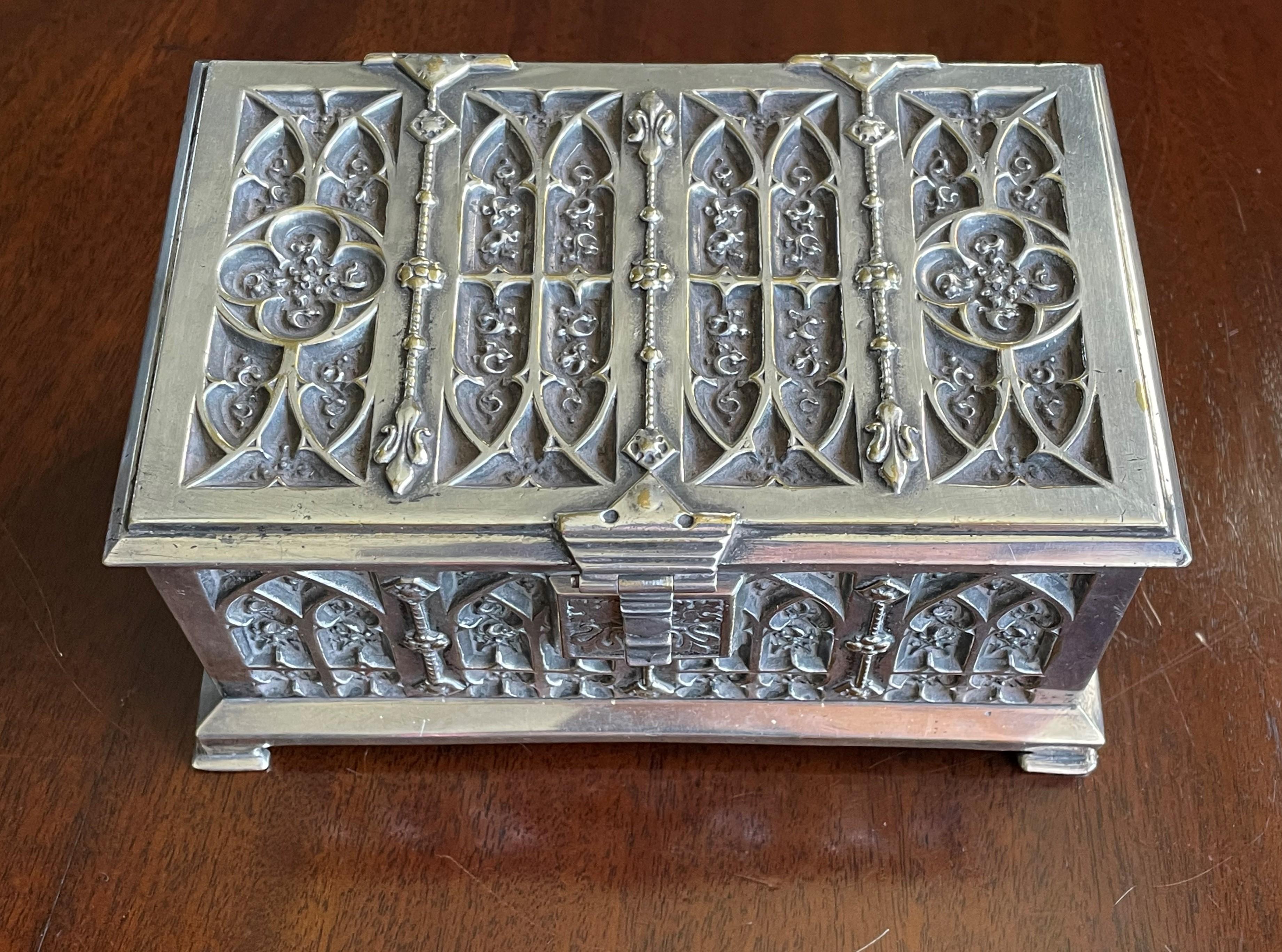 Stunning Gothic Revival Silvered Bronze Jewelry Box with Church Window Panels 10
