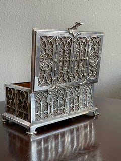 Stunning Gothic Revival Silvered Bronze Jewelry Box with Church Window Panels