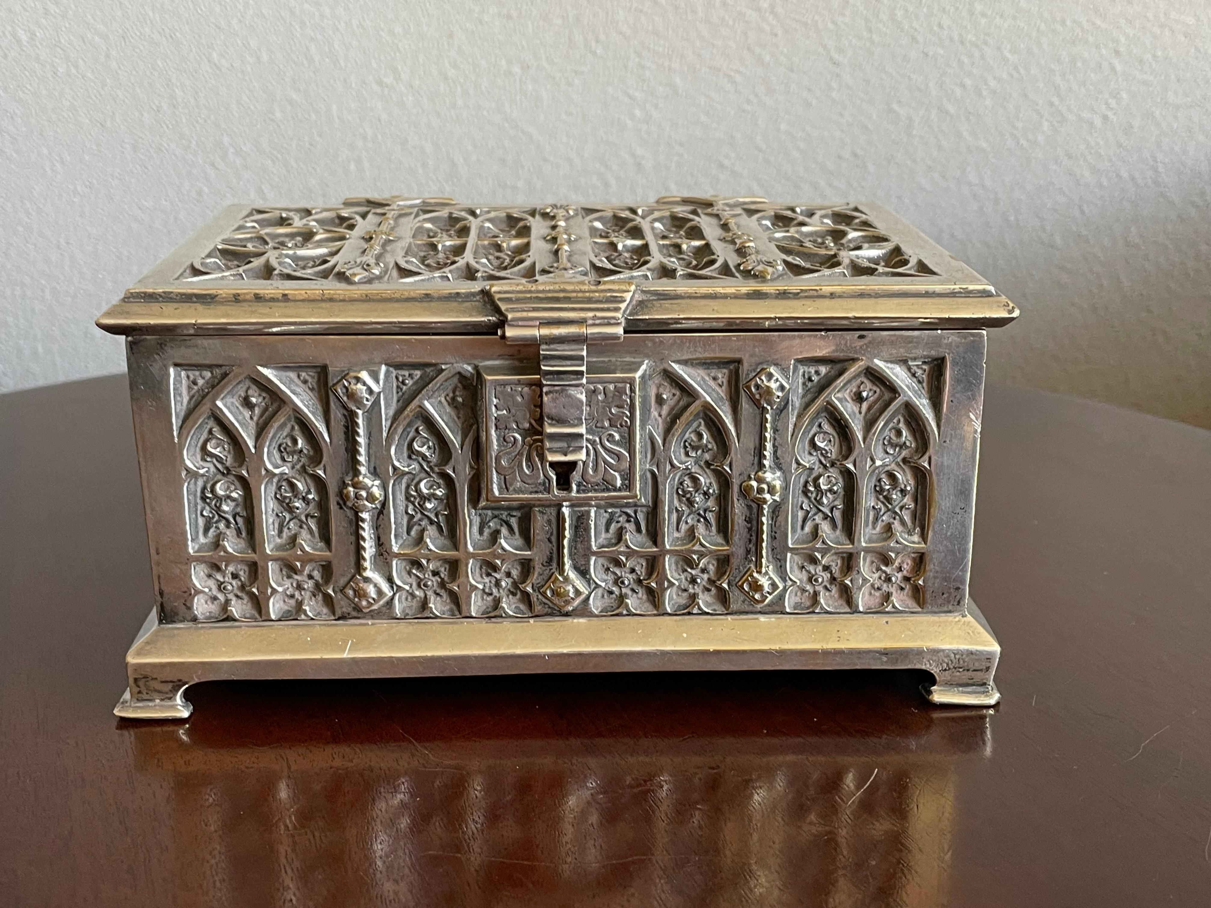 Hand-Crafted Stunning Gothic Revival Silvered Bronze Jewelry Box with Church Window Panels