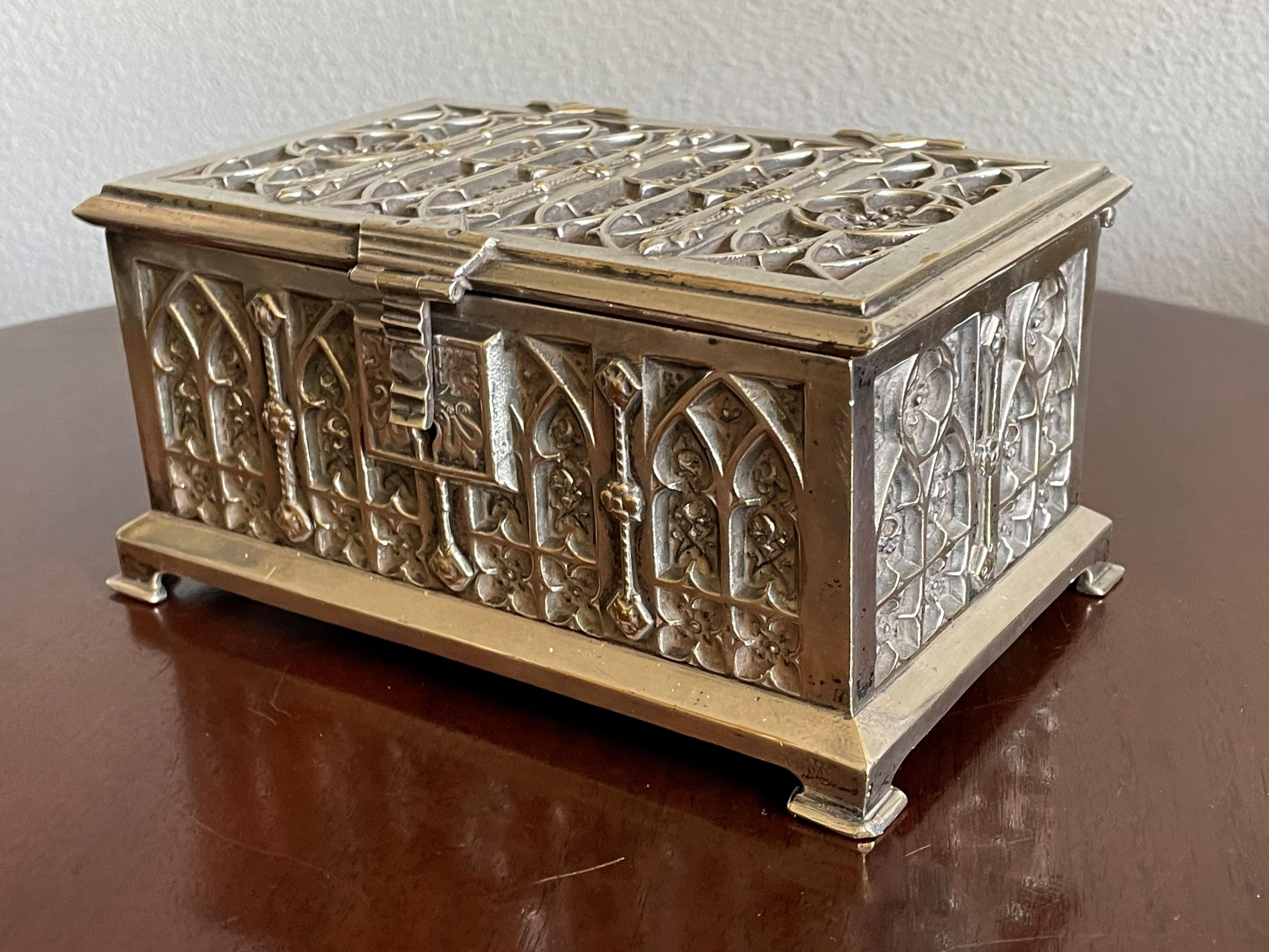 20th Century Stunning Gothic Revival Silvered Bronze Jewelry Box with Church Window Panels