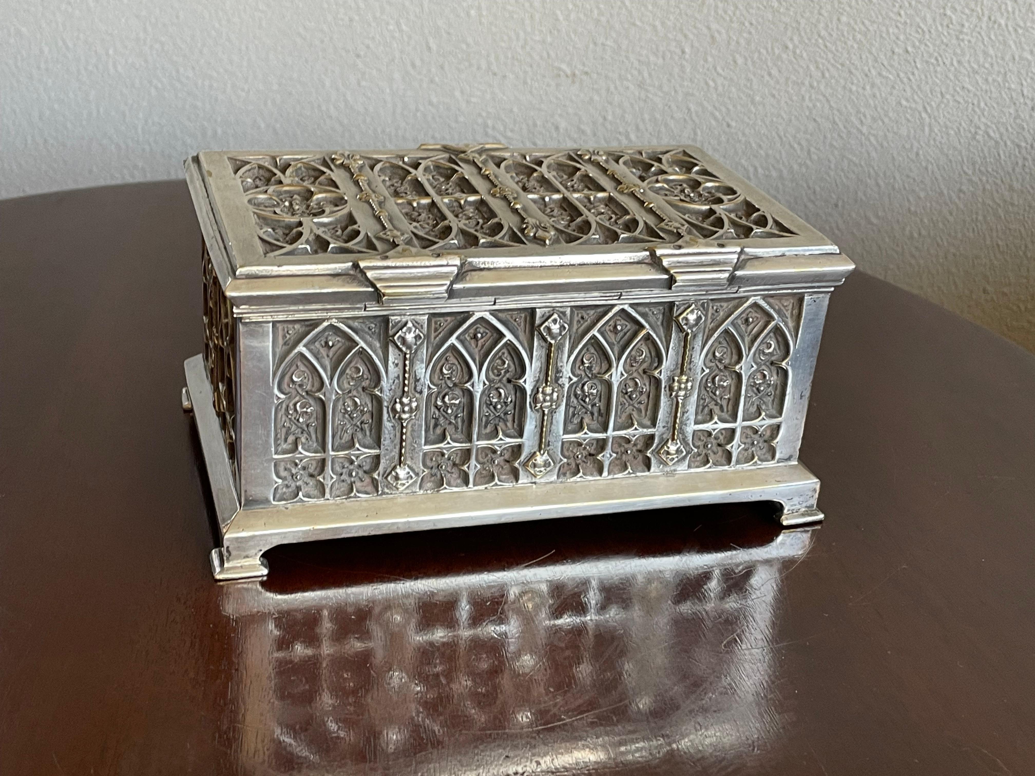 Velvet Stunning Gothic Revival Silvered Bronze Jewelry Box with Church Window Panels