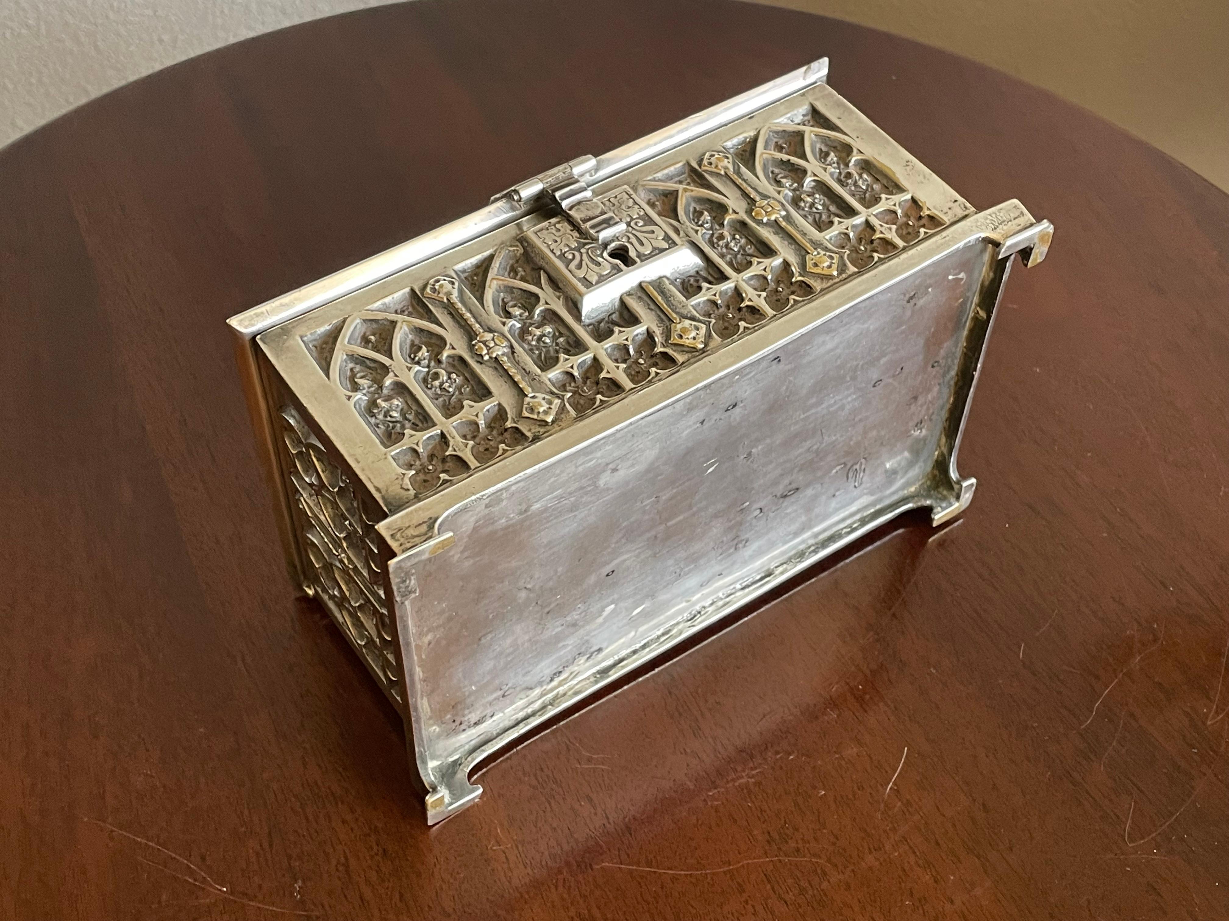 Stunning Gothic Revival Silvered Bronze Jewelry Box with Church Window Panels 1