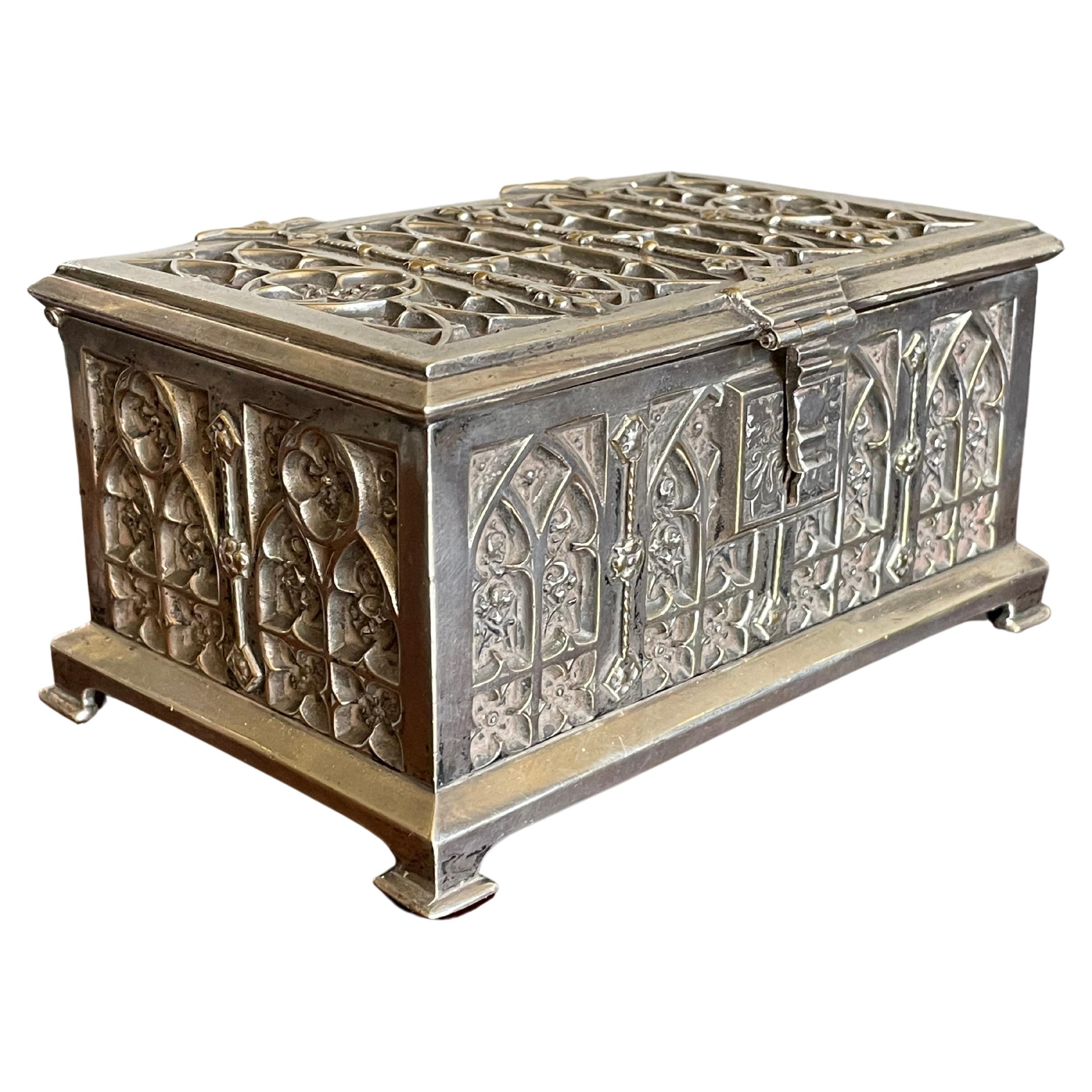 Stunning Gothic Revival Silvered Bronze Jewelry Box with Church Window Panels