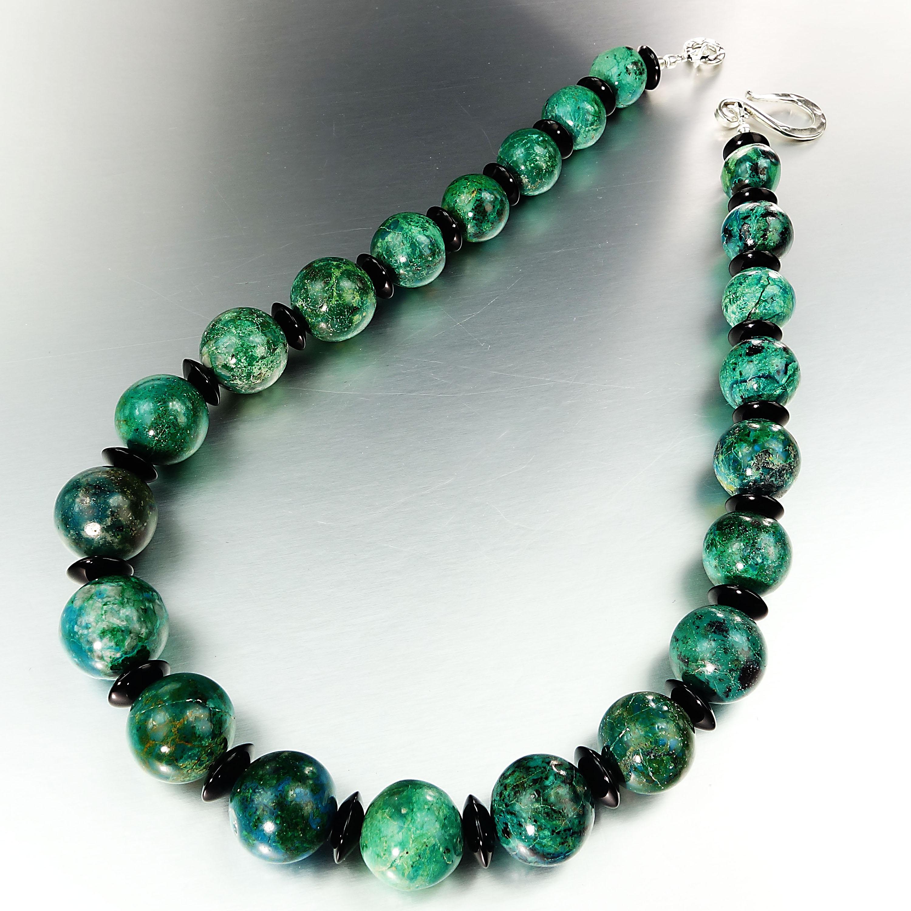 Bead AJD Graduated Round Chrysocolla and Black Smooth Polished Onyx Necklace