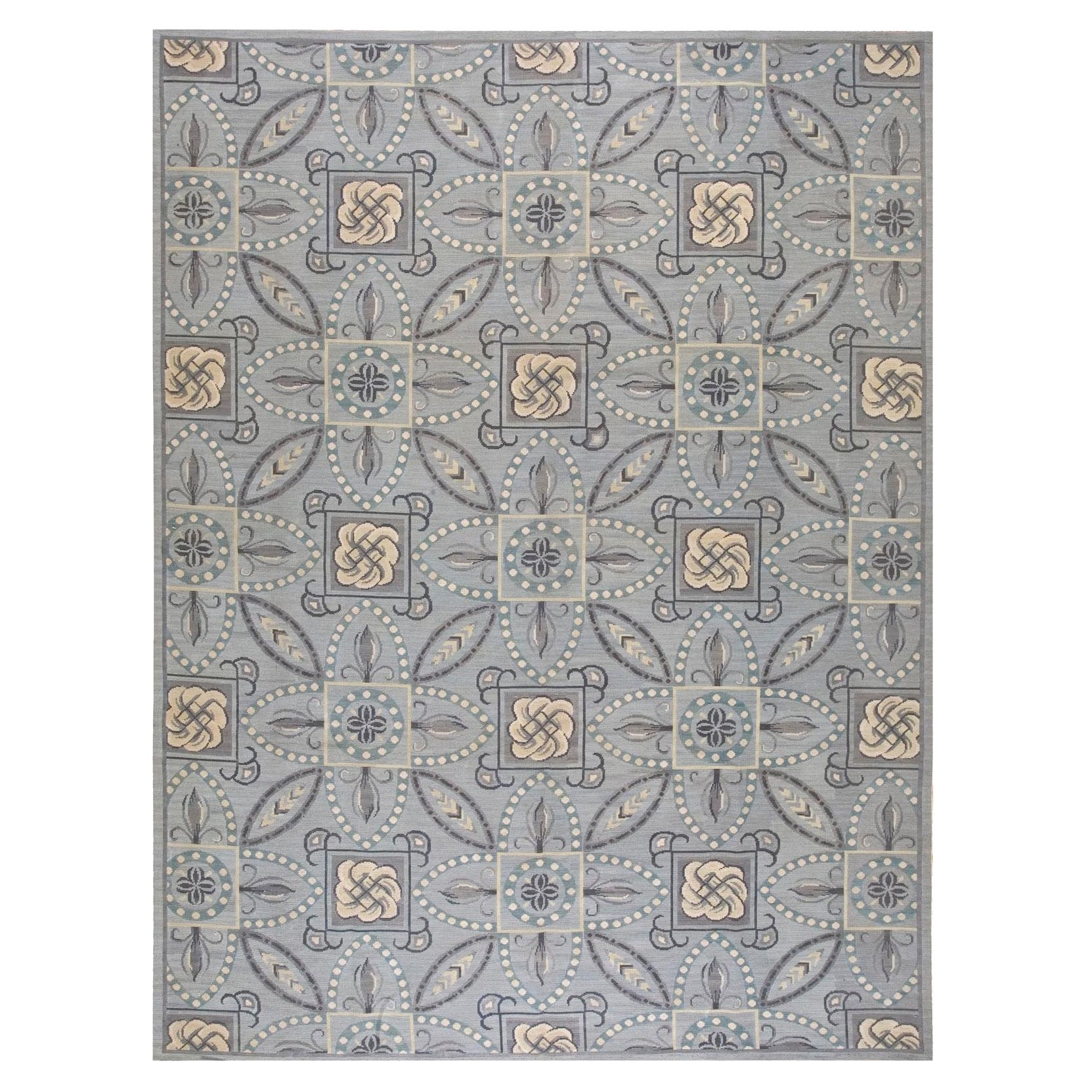 Stunning Gray Ground Color Geometric Pattern Handwoven Needlepoint FlatWeave Rug For Sale