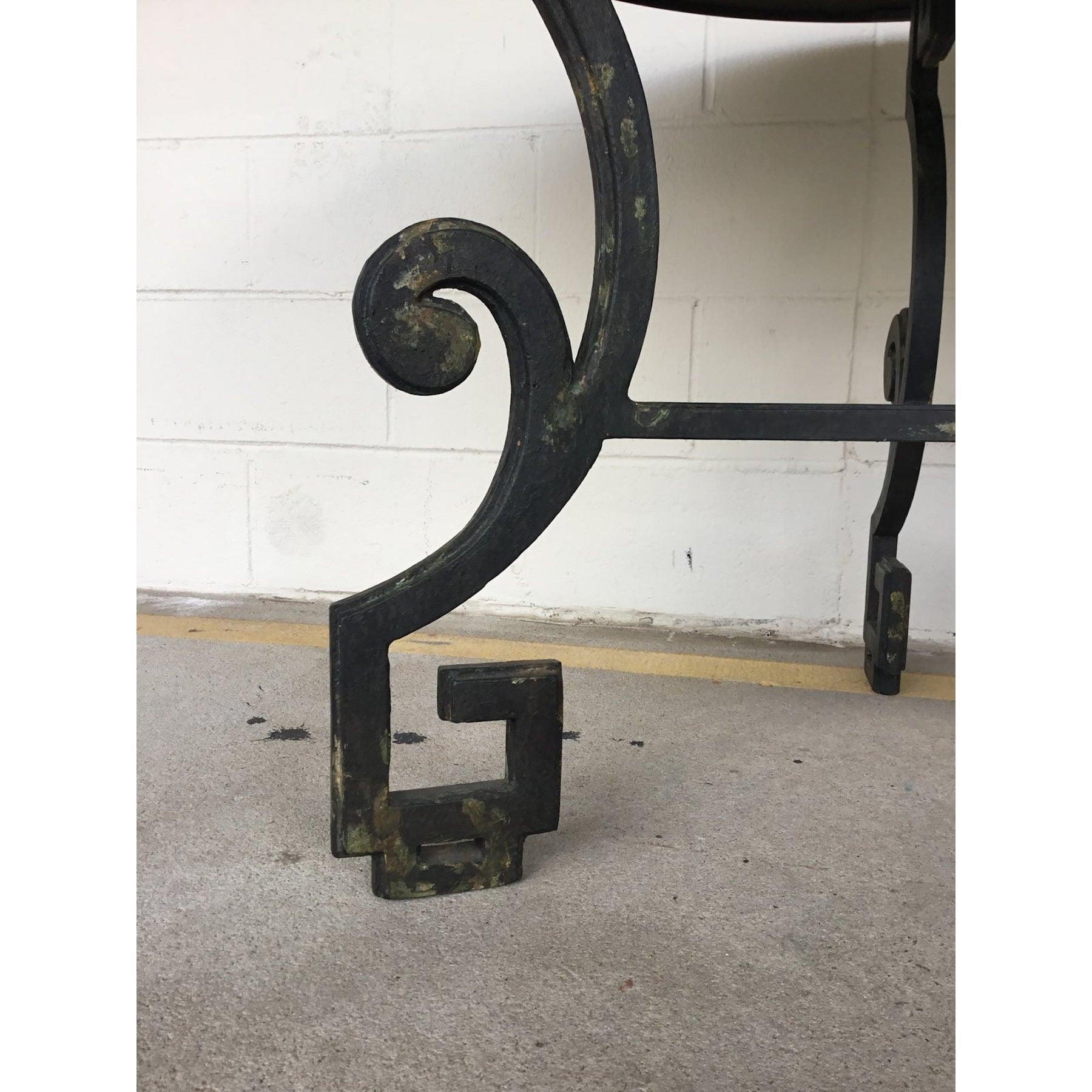 Stunning Greek key center/side table by Jerry pair for formations, with inset antique mirror top, on a tripartite verdigris base. Fresh from a palm beach estate.
FREE LOCAL WHITE GLOVE SHIPPING -PALM BEACH to MIAMI 
 
