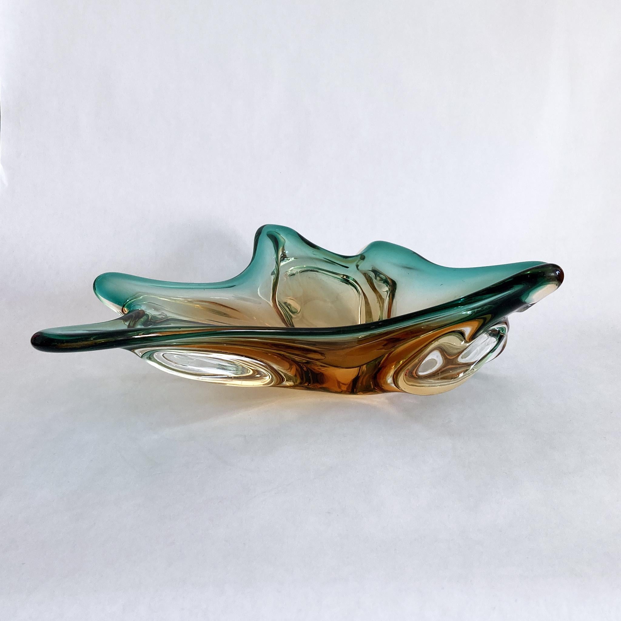Italian Murano Blown Glass Centerpiece Bowl in Green and Amber, 1970s