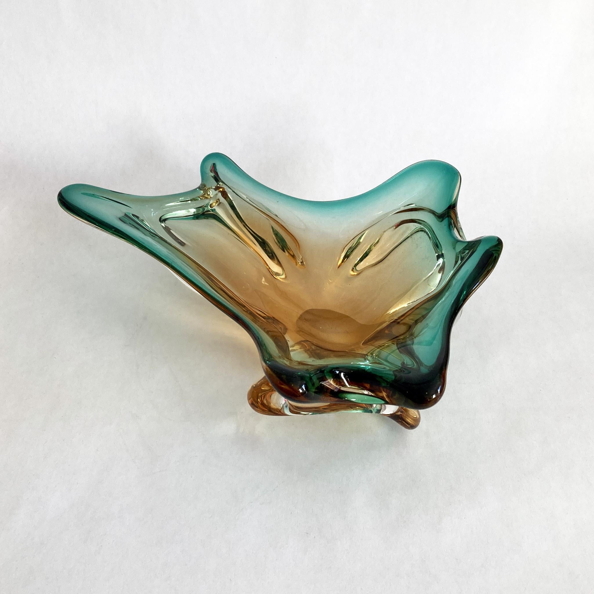 Hand-Crafted Murano Blown Glass Centerpiece Bowl in Green and Amber, 1970s