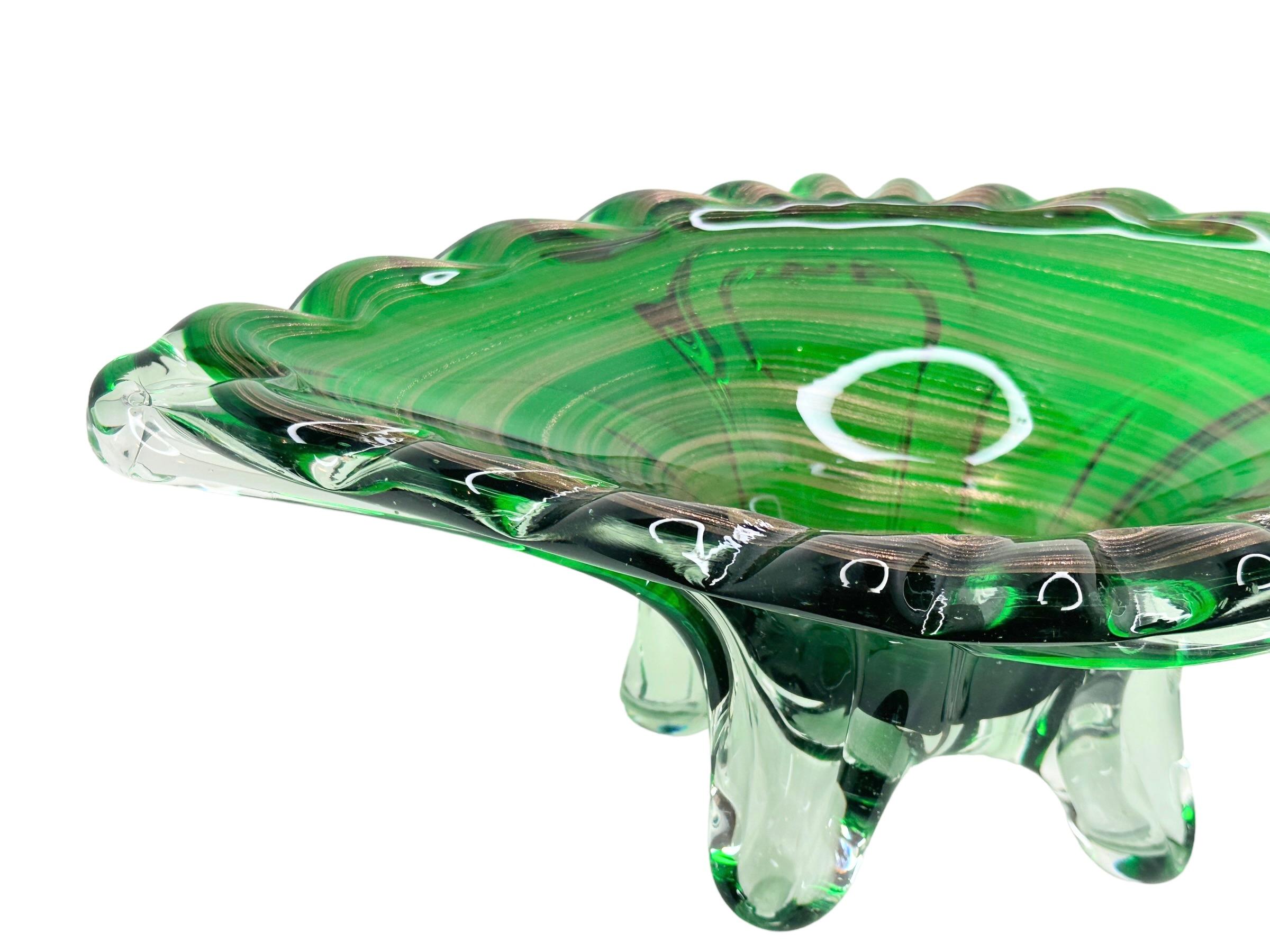 Italian Stunning Green and clear Murano Glass Bowl Centerpiece Vintage, Italy, 1960s For Sale