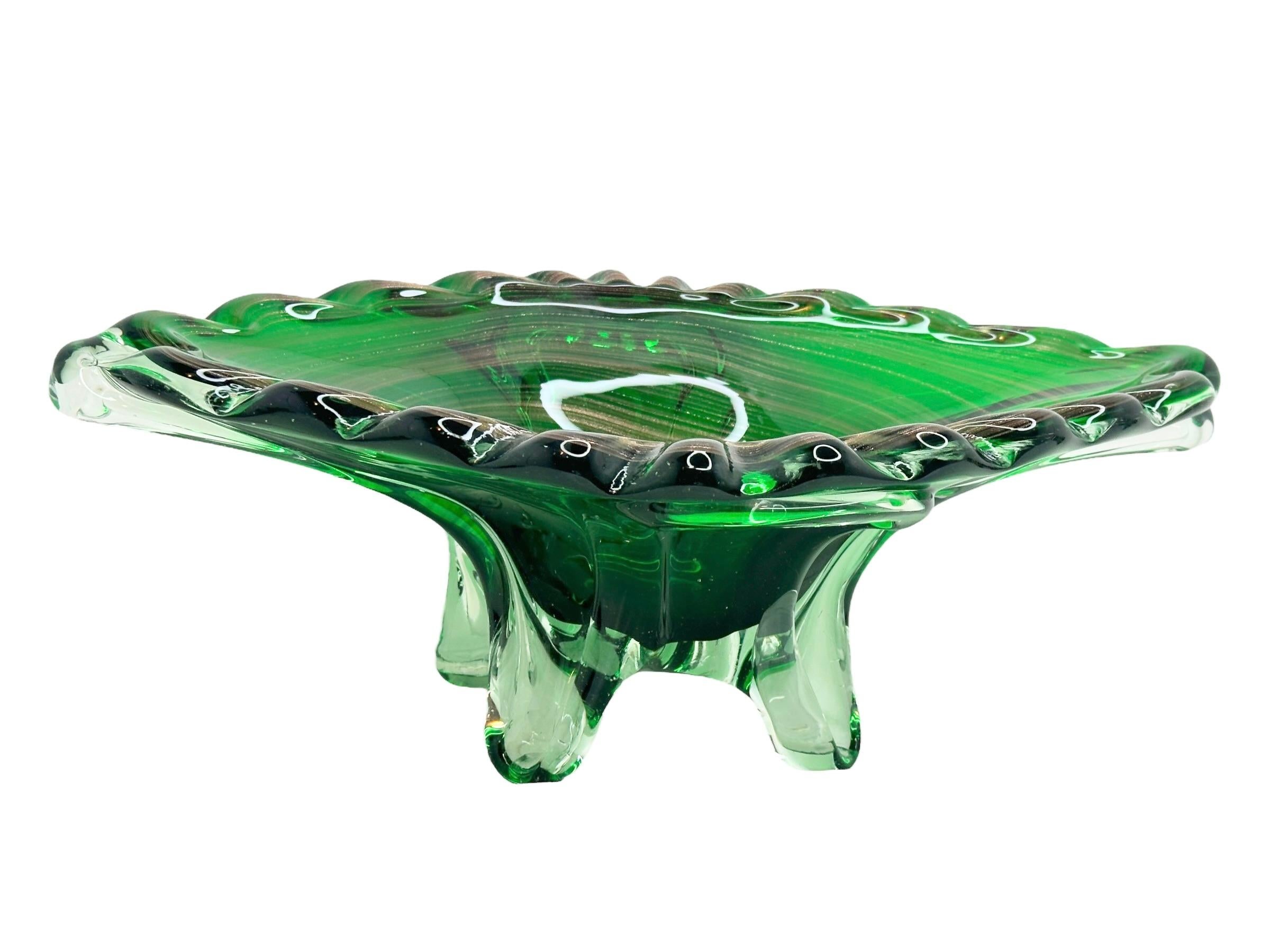 Art Glass Stunning Green and clear Murano Glass Bowl Centerpiece Vintage, Italy, 1960s For Sale