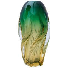Stunning Green and Yellow Sommerso Murano Glass Vase, Italy, 1950s
