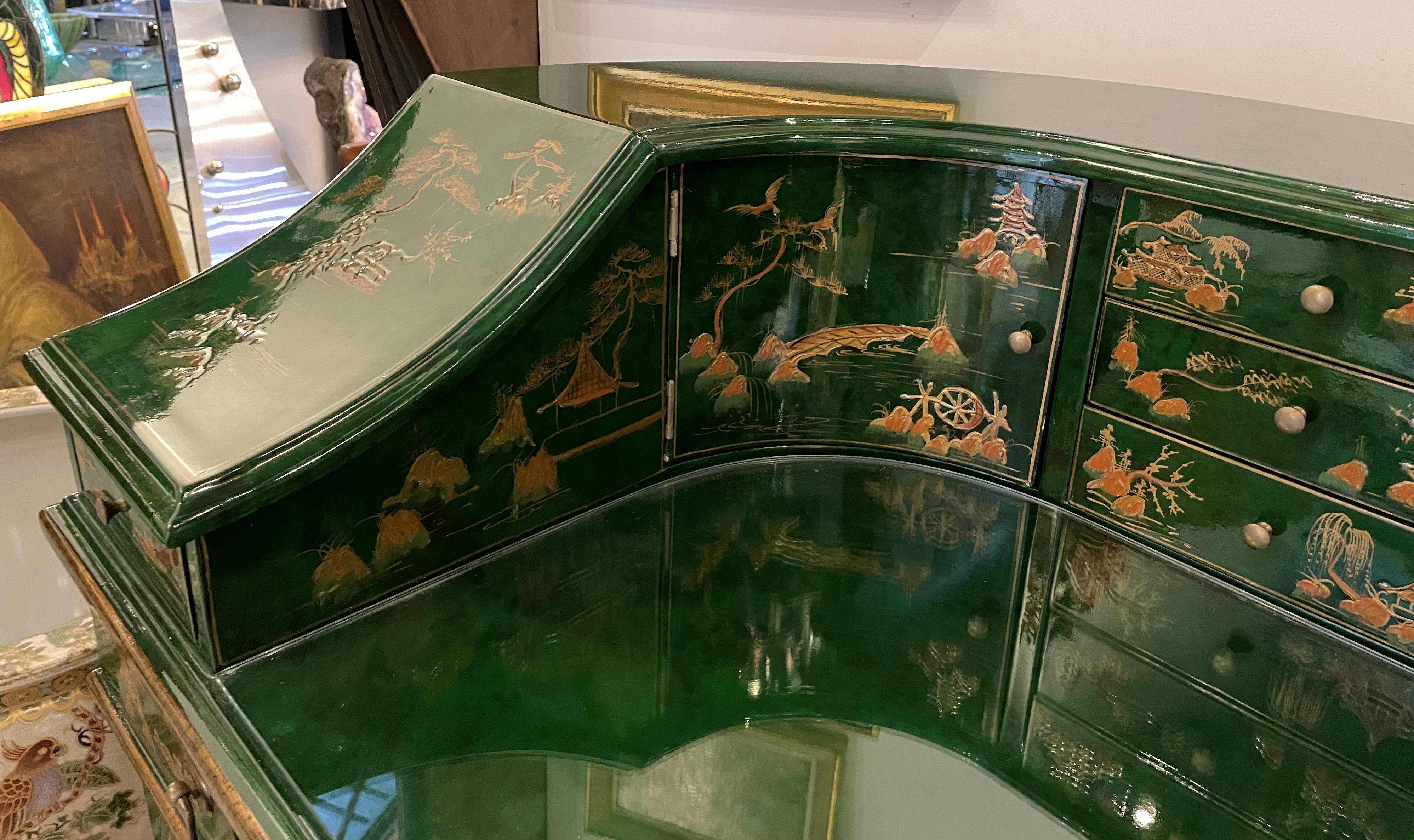 Stunning Green Chinoiserie Lacquer Carlton House Desk & Matching Chair 3