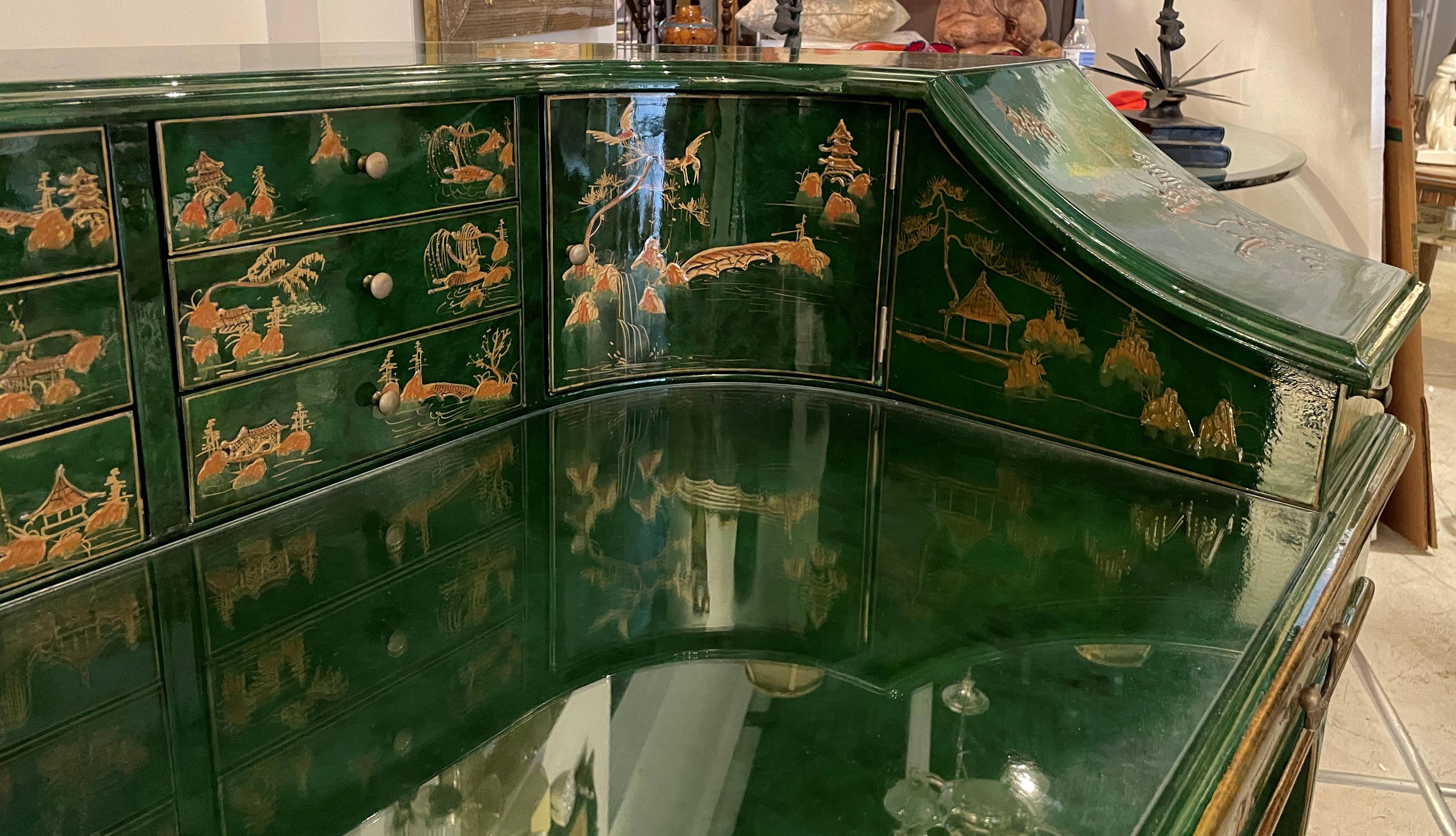 Stunning Green Chinoiserie Lacquer Carlton House Desk & Matching Chair 4