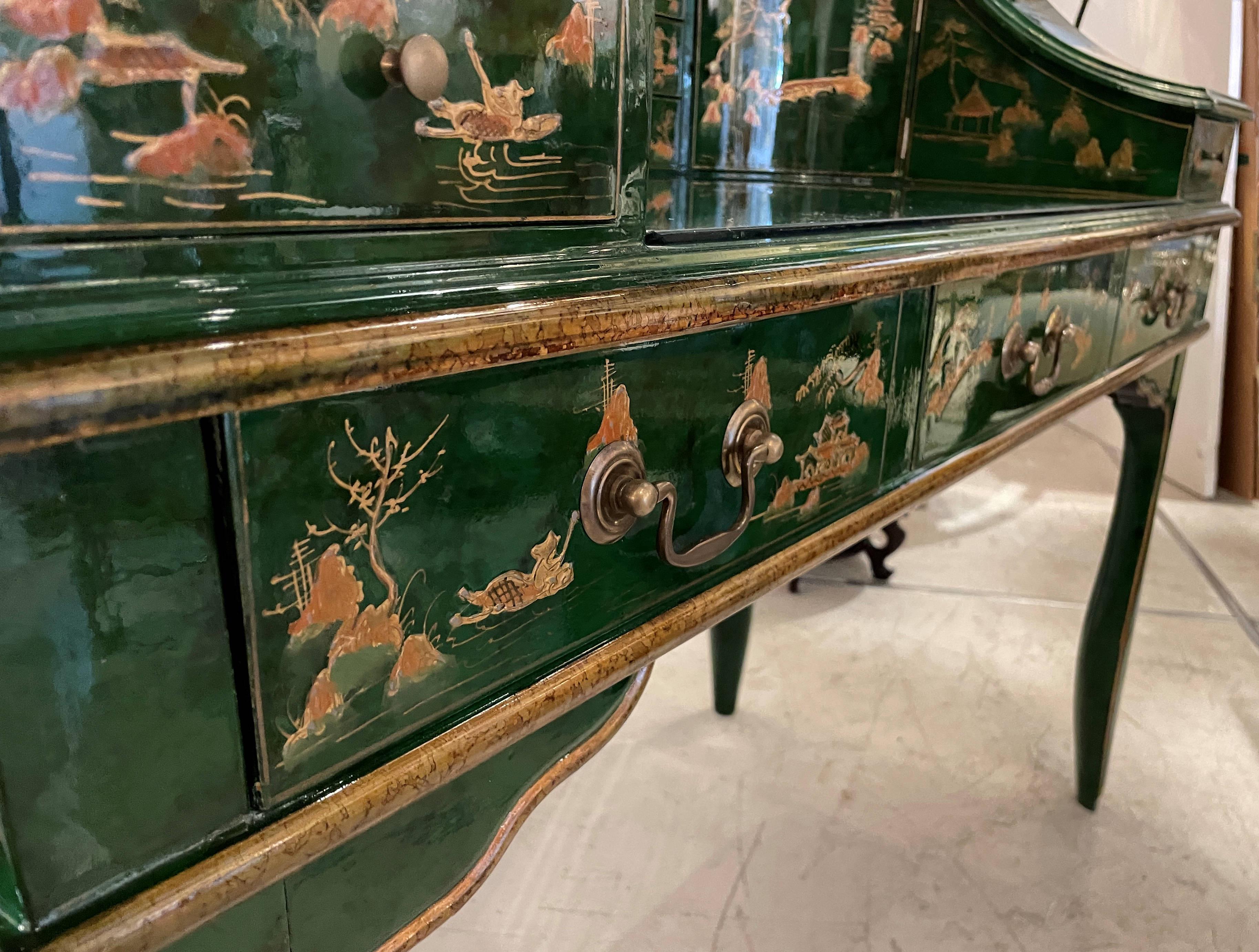 Stunning Green Chinoiserie Lacquer Carlton House Desk & Matching Chair 7