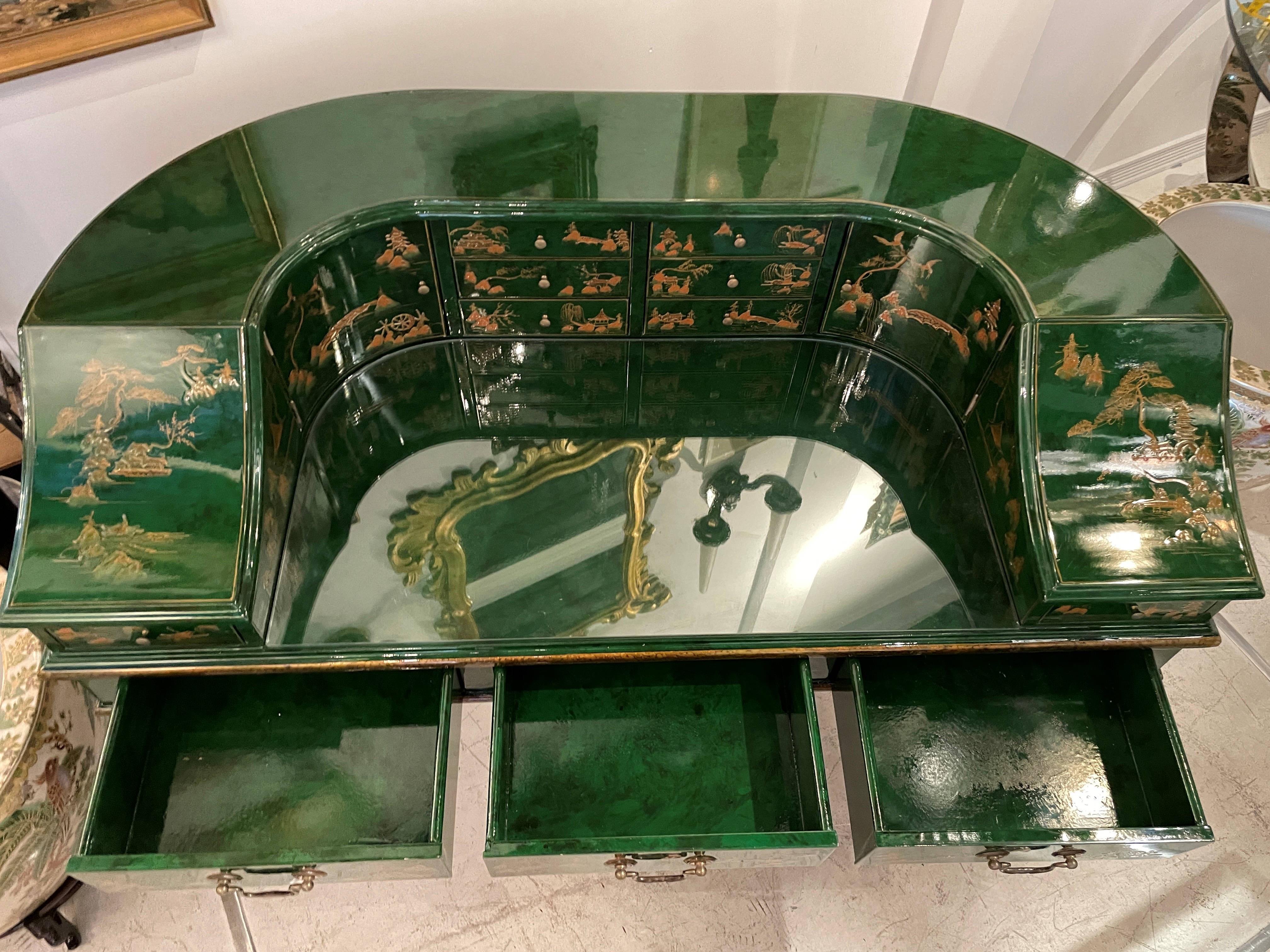 English Stunning Green Chinoiserie Lacquer Carlton House Desk & Matching Chair