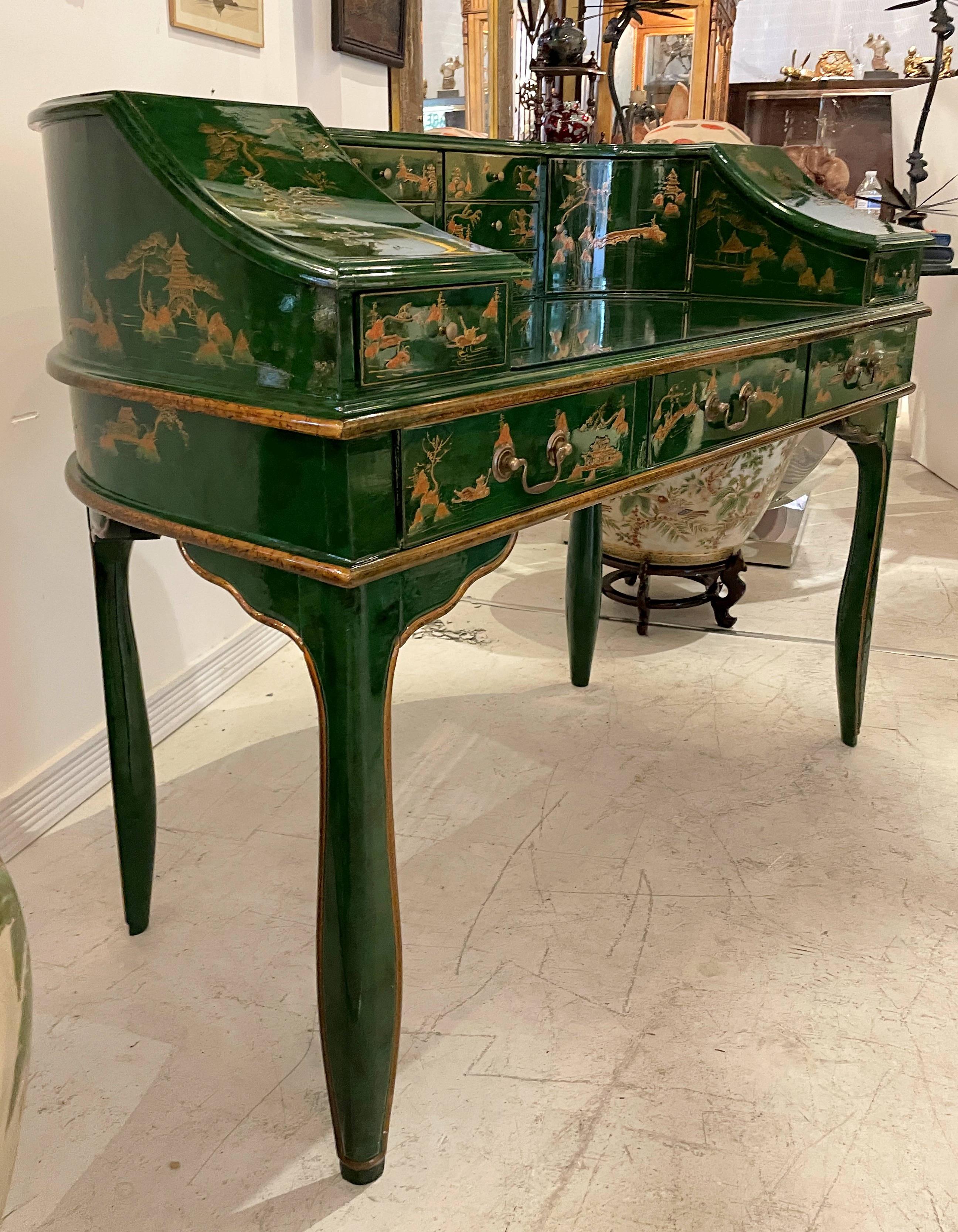 Stunning Green Chinoiserie Lacquer Carlton House Desk & Matching Chair In Good Condition In Miami, FL