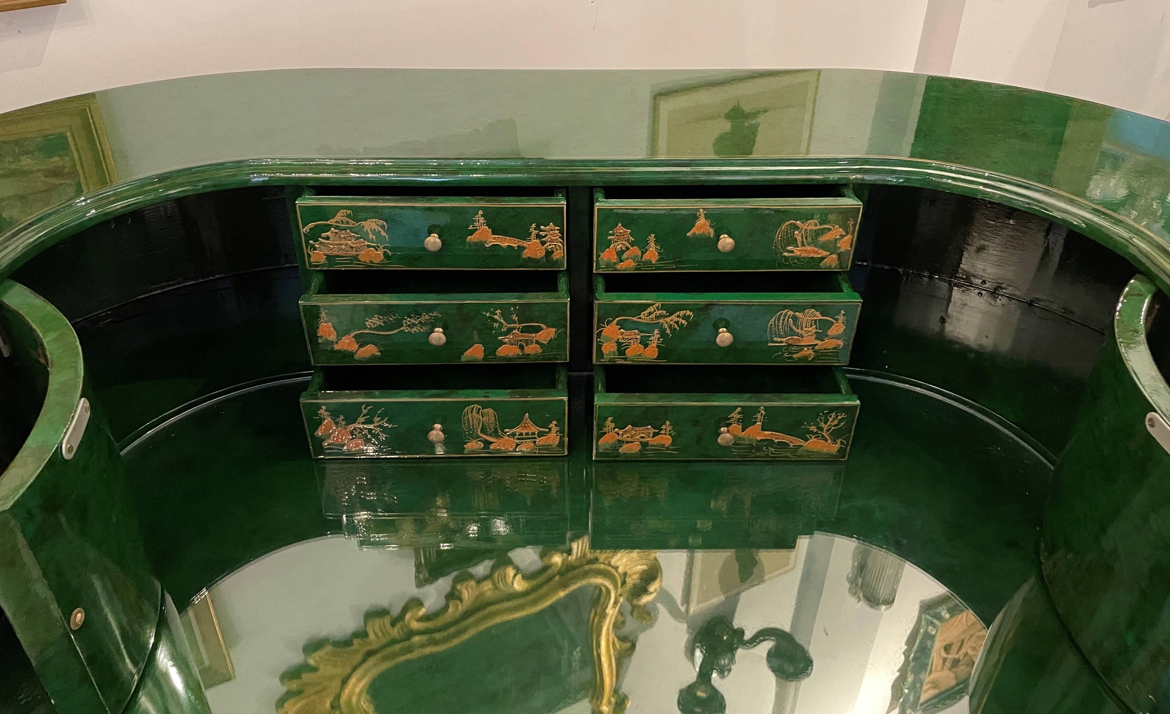 Wood Stunning Green Chinoiserie Lacquer Carlton House Desk & Matching Chair