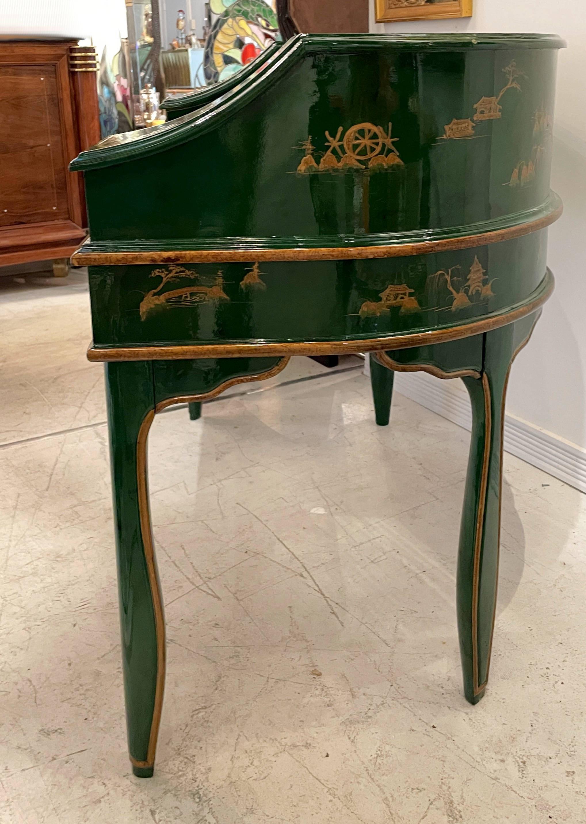 Stunning Green Chinoiserie Lacquer Carlton House Desk & Matching Chair 1